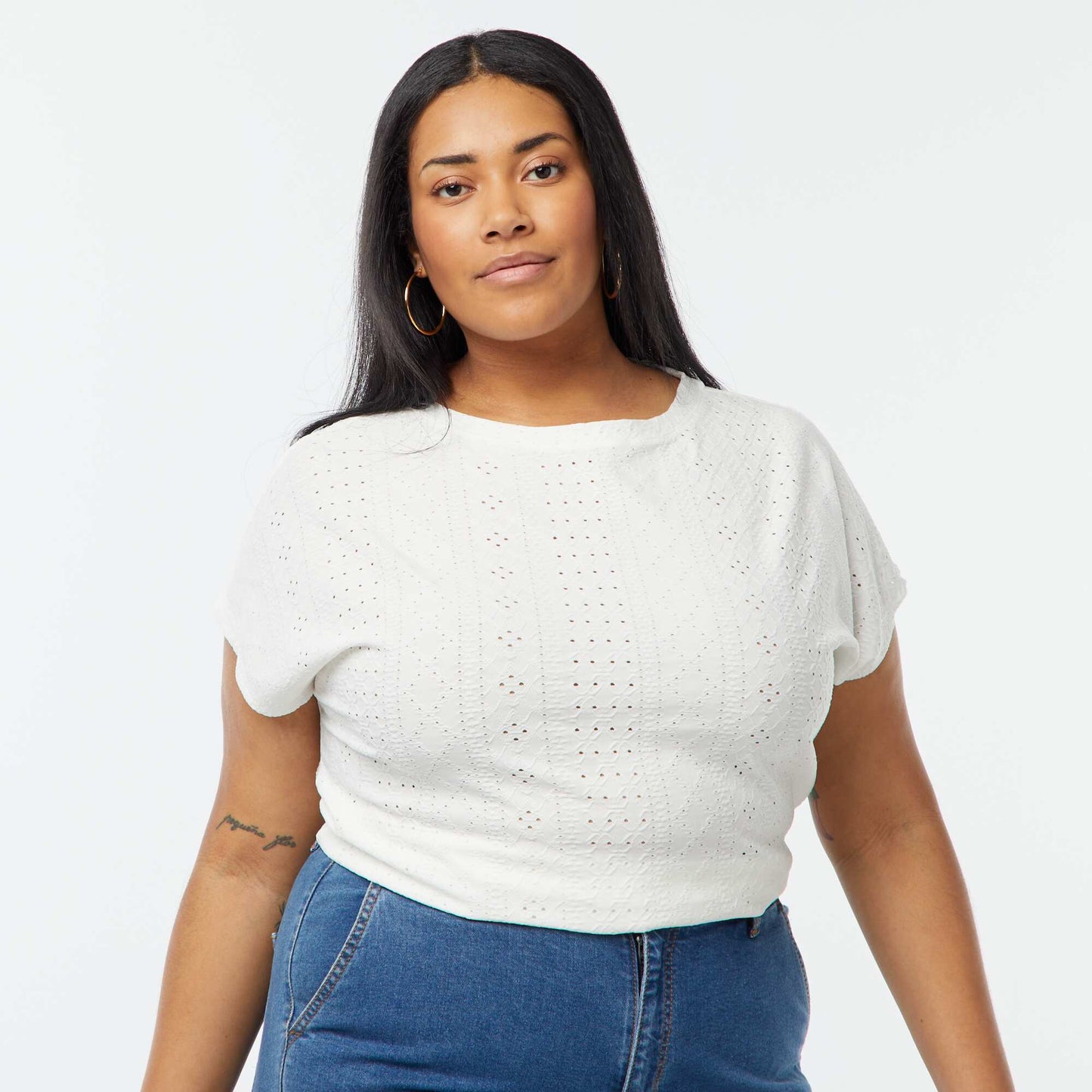 T-shirt en maille ajourée manches courtes BLANC