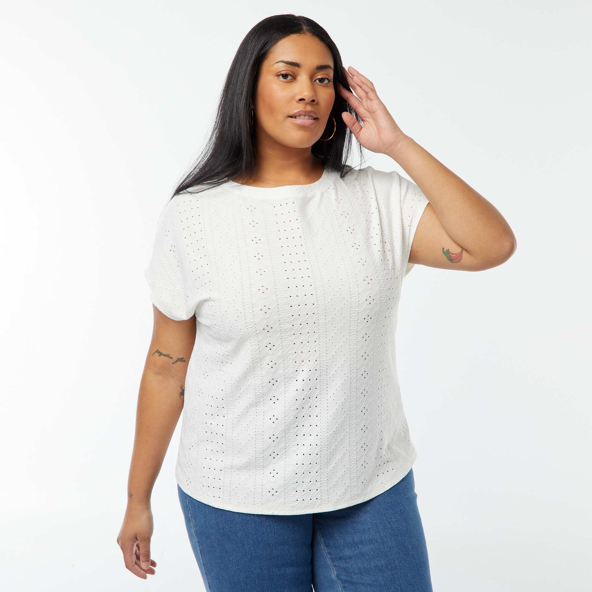 T-shirt en maille ajourée manches courtes BLANC