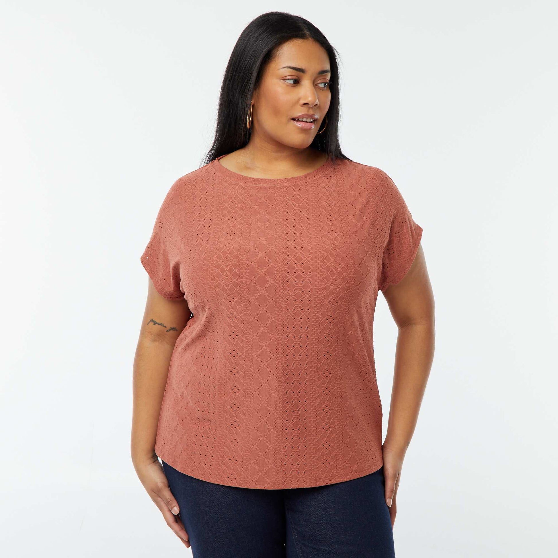 T-shirt en maille ajourée manches courtes ROSE
