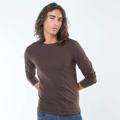 T-shirt uni à manches longues et col rond MARRON