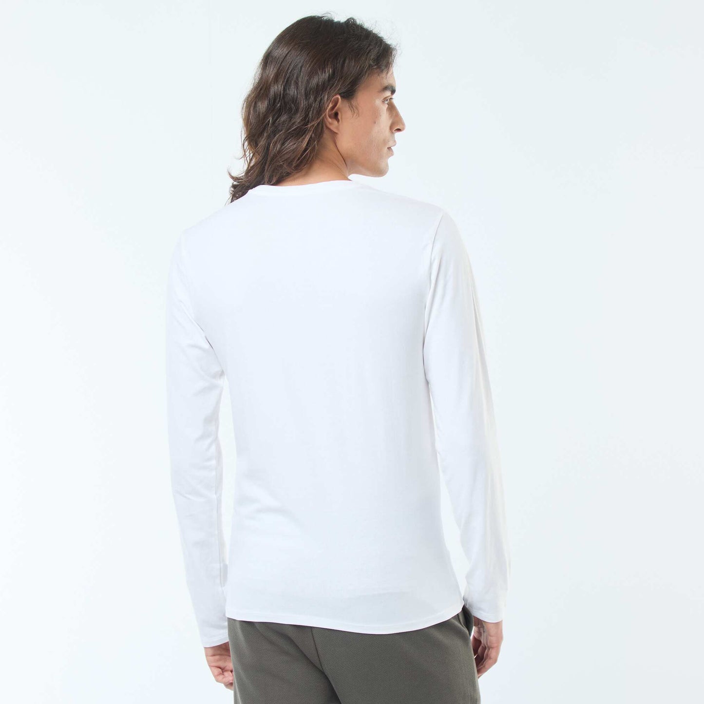 T-shirt uni à manches longues et col rond BLANC