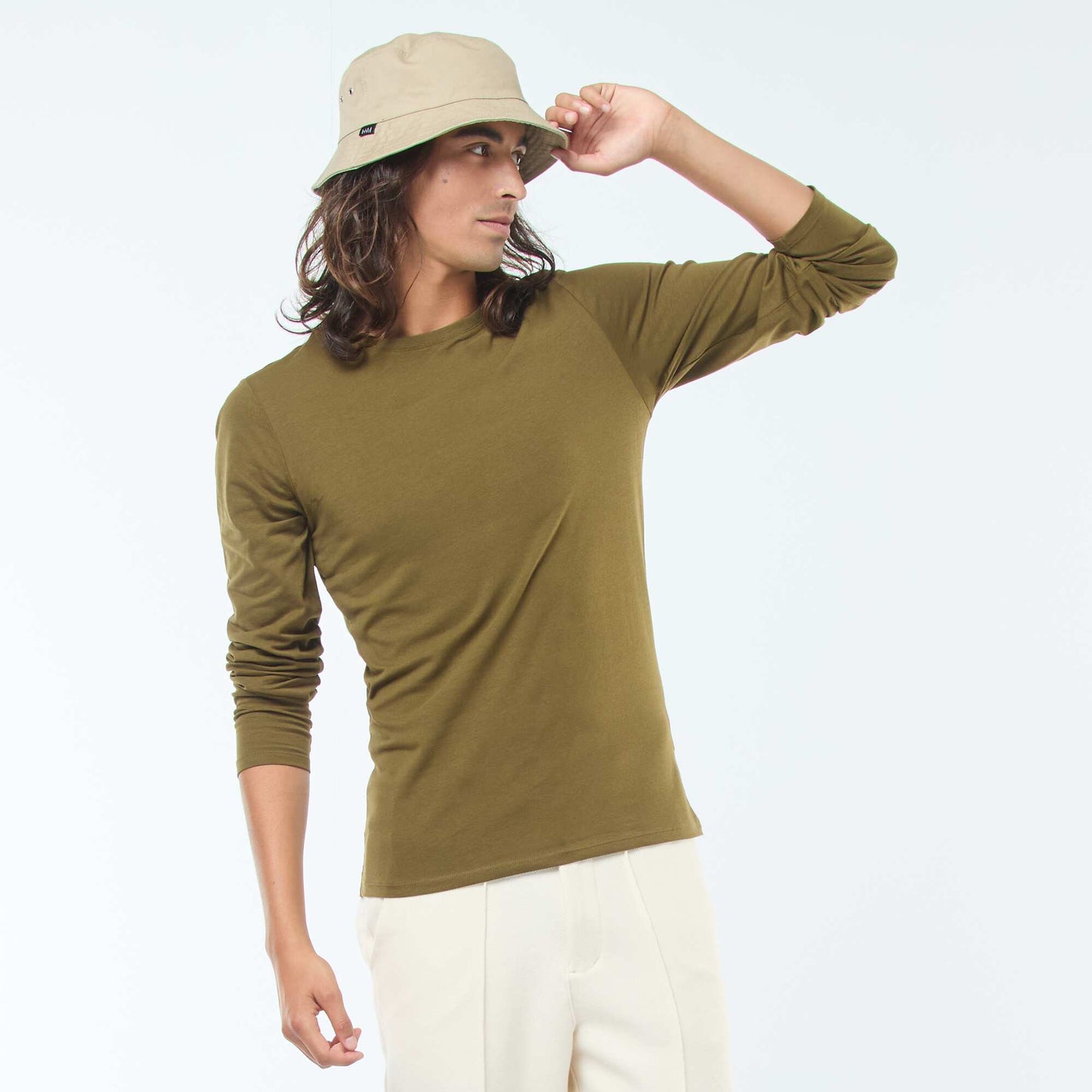 T-shirt uni à manches longues et col rond VERT