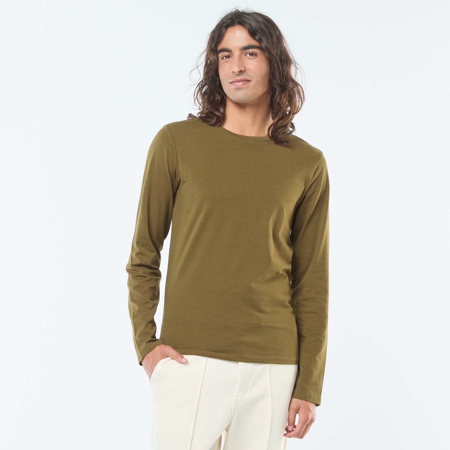 T-shirt uni à manches longues et col rond VERT
