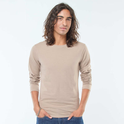 T-shirt uni à manches longues et col rond BEIGE