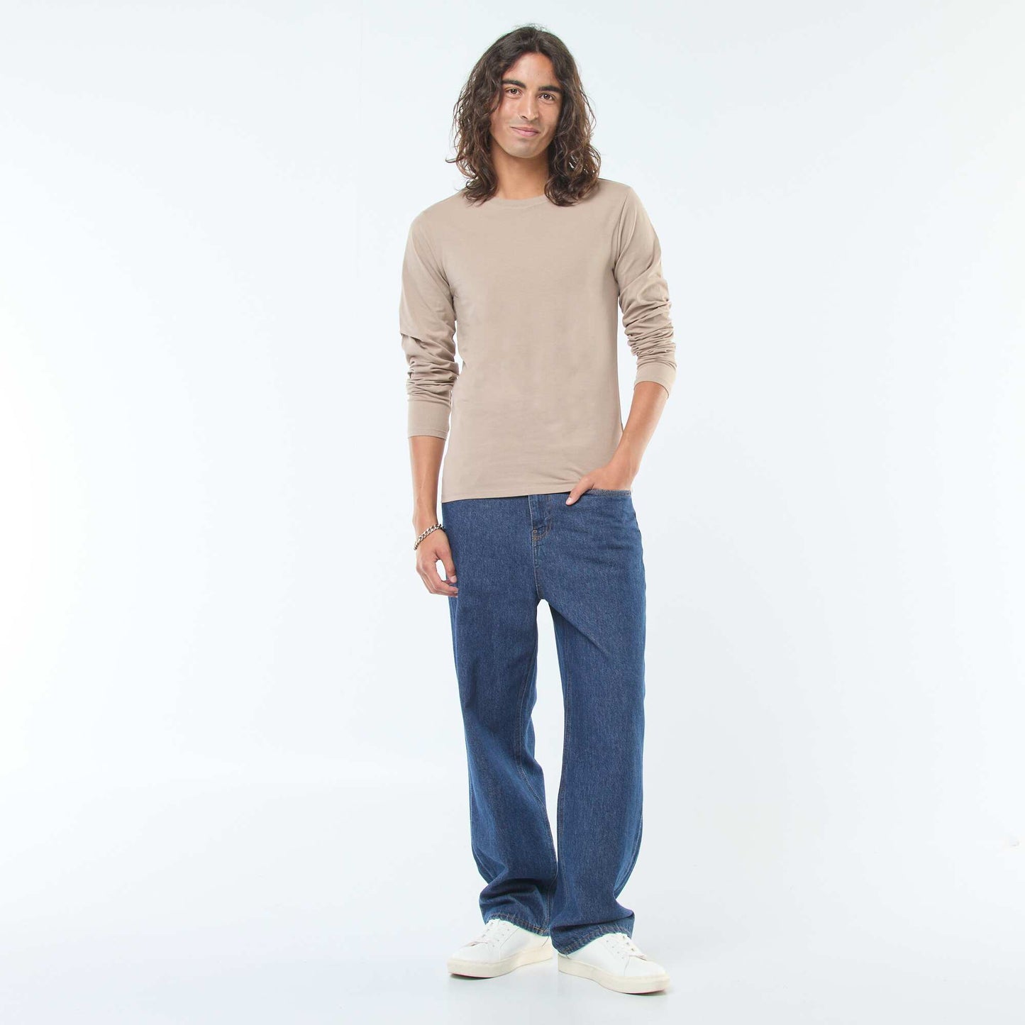 T-shirt uni à manches longues et col rond BEIGE