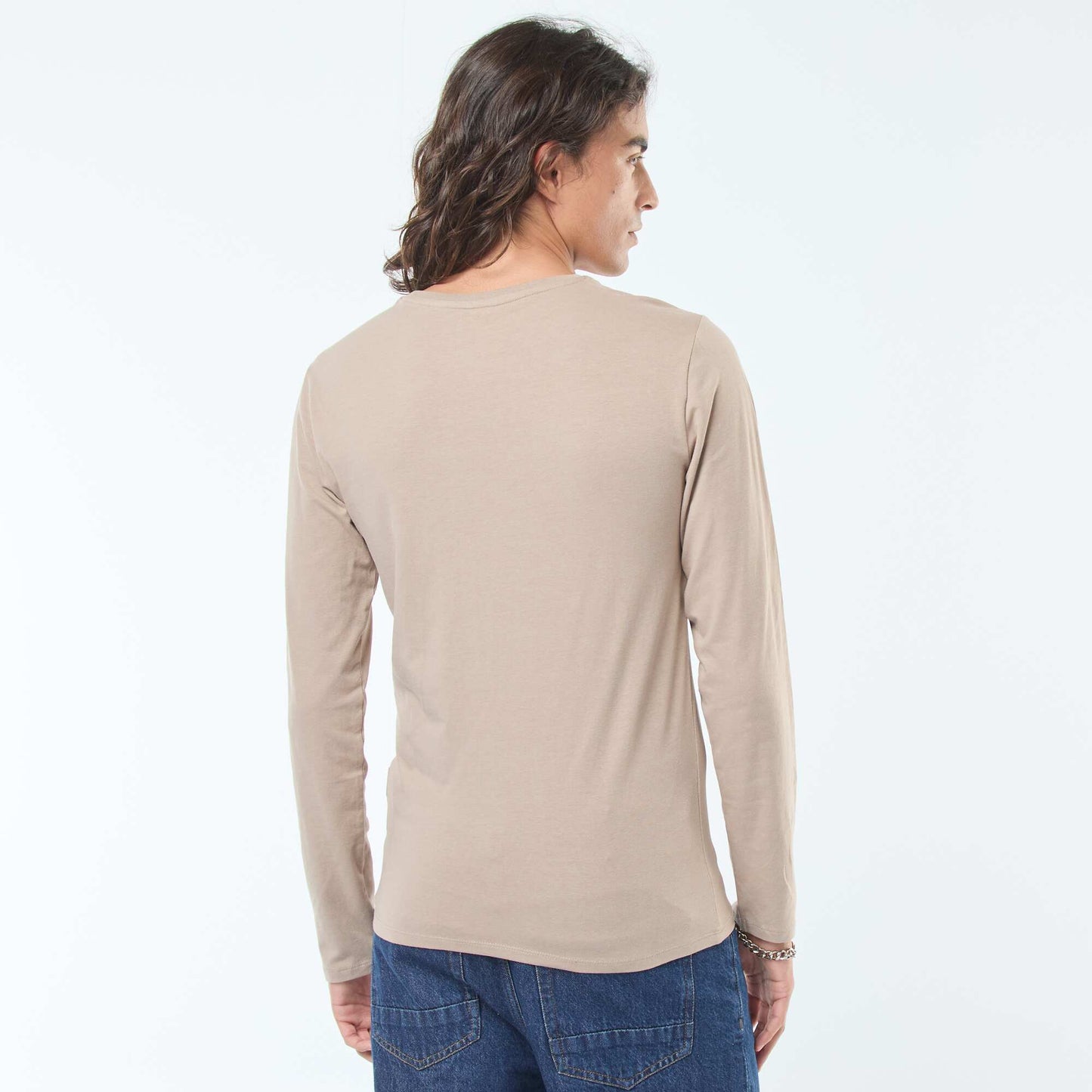 T-shirt uni à manches longues et col rond BEIGE