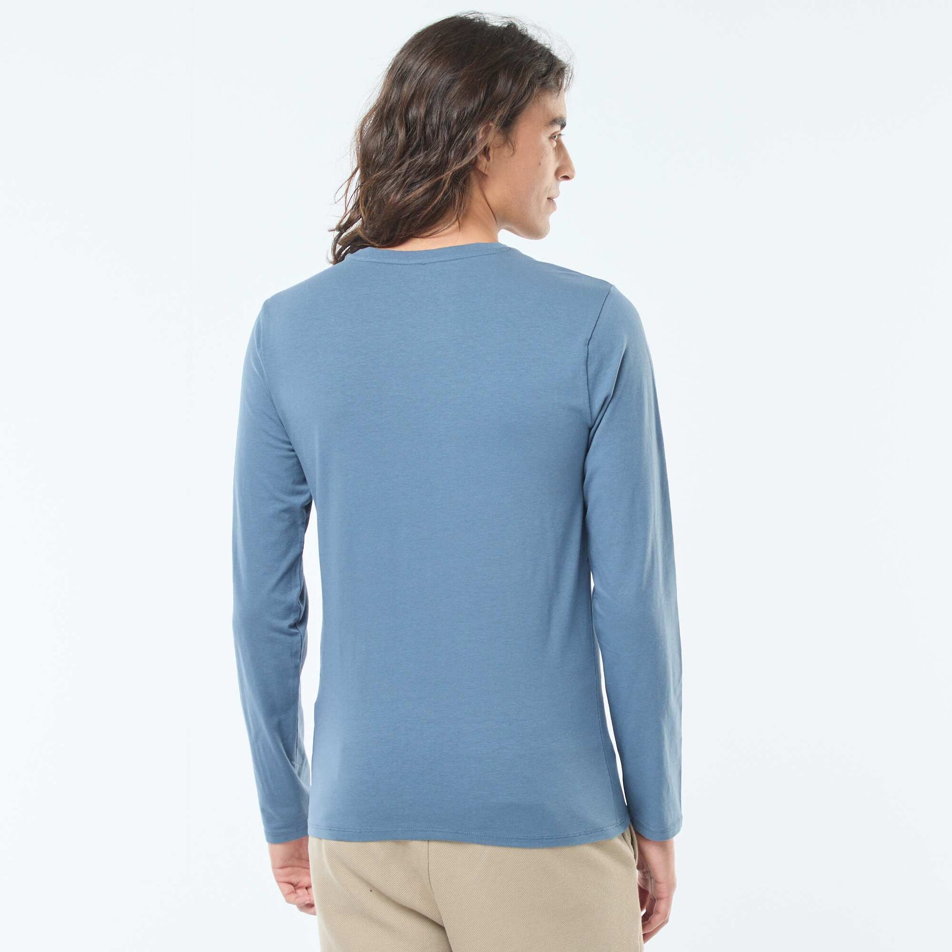 T-shirt uni à manches longues et col rond BLEU