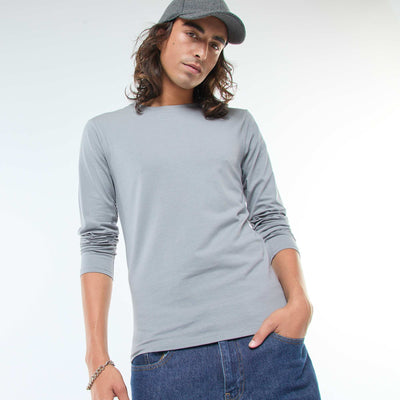 T-shirt uni à manches longues et col rond GRIS