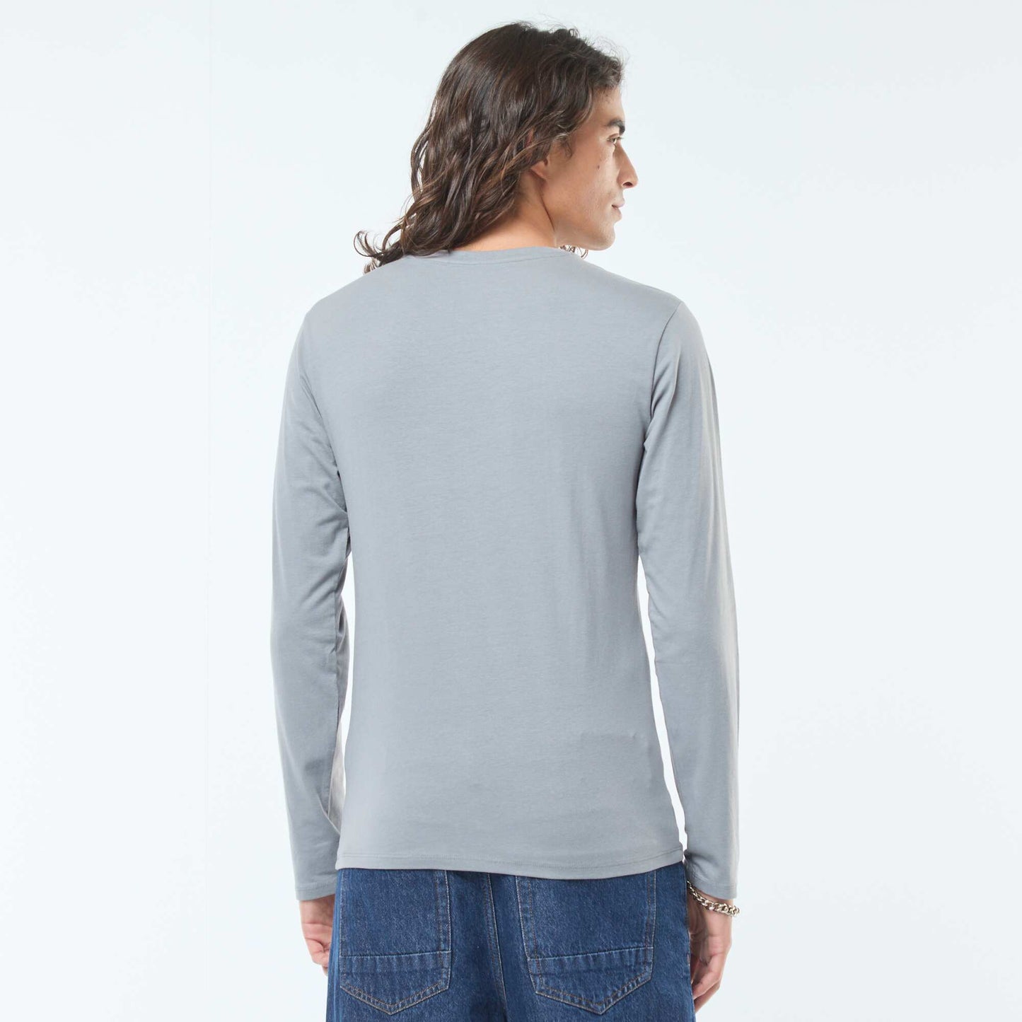 T-shirt uni à manches longues et col rond GRIS