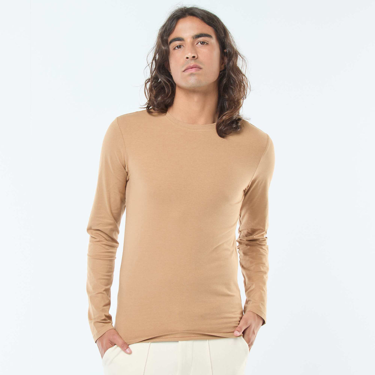 T-shirt uni à manches longues et col rond BEIGE