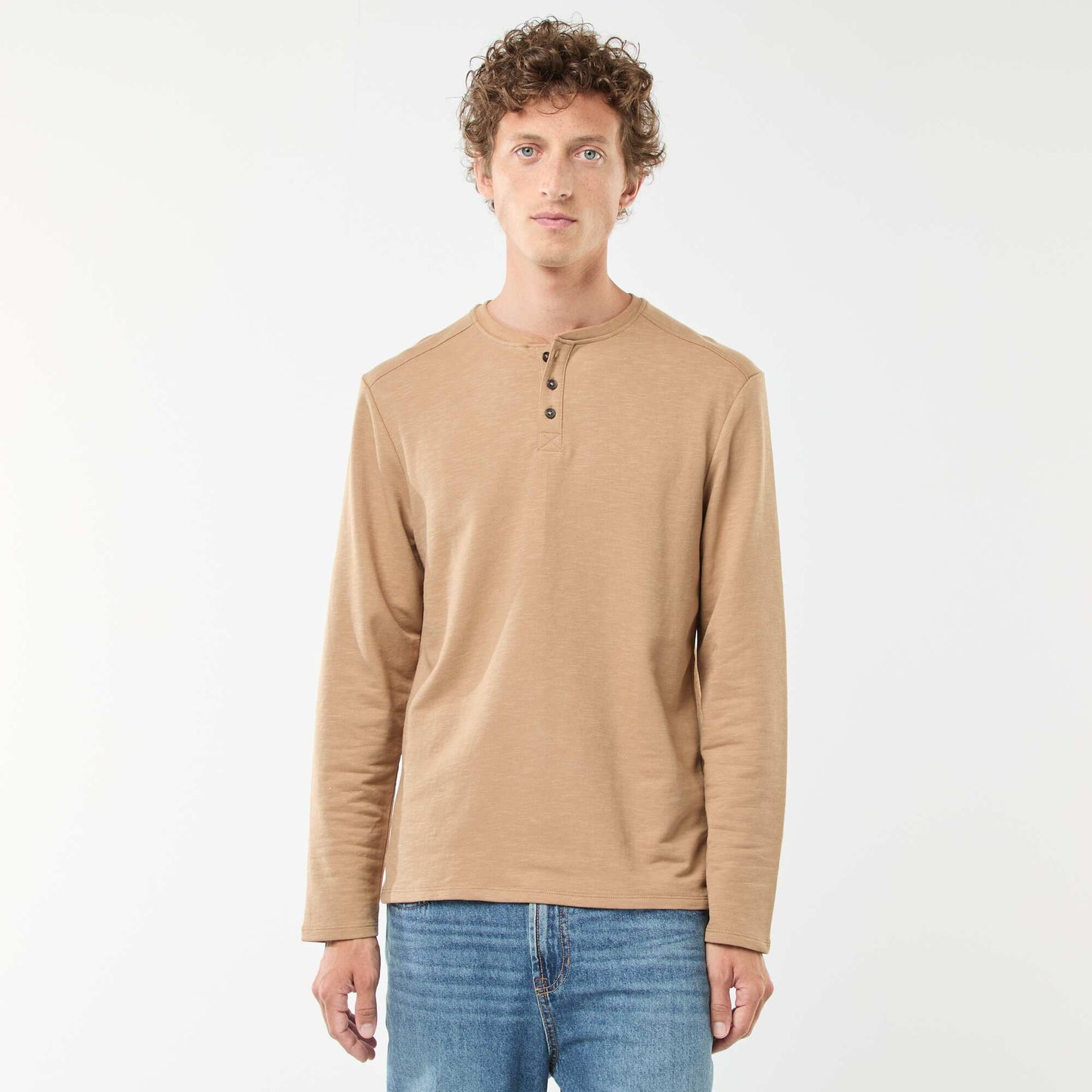 T-shirt à col tunisien manches longues BEIGE