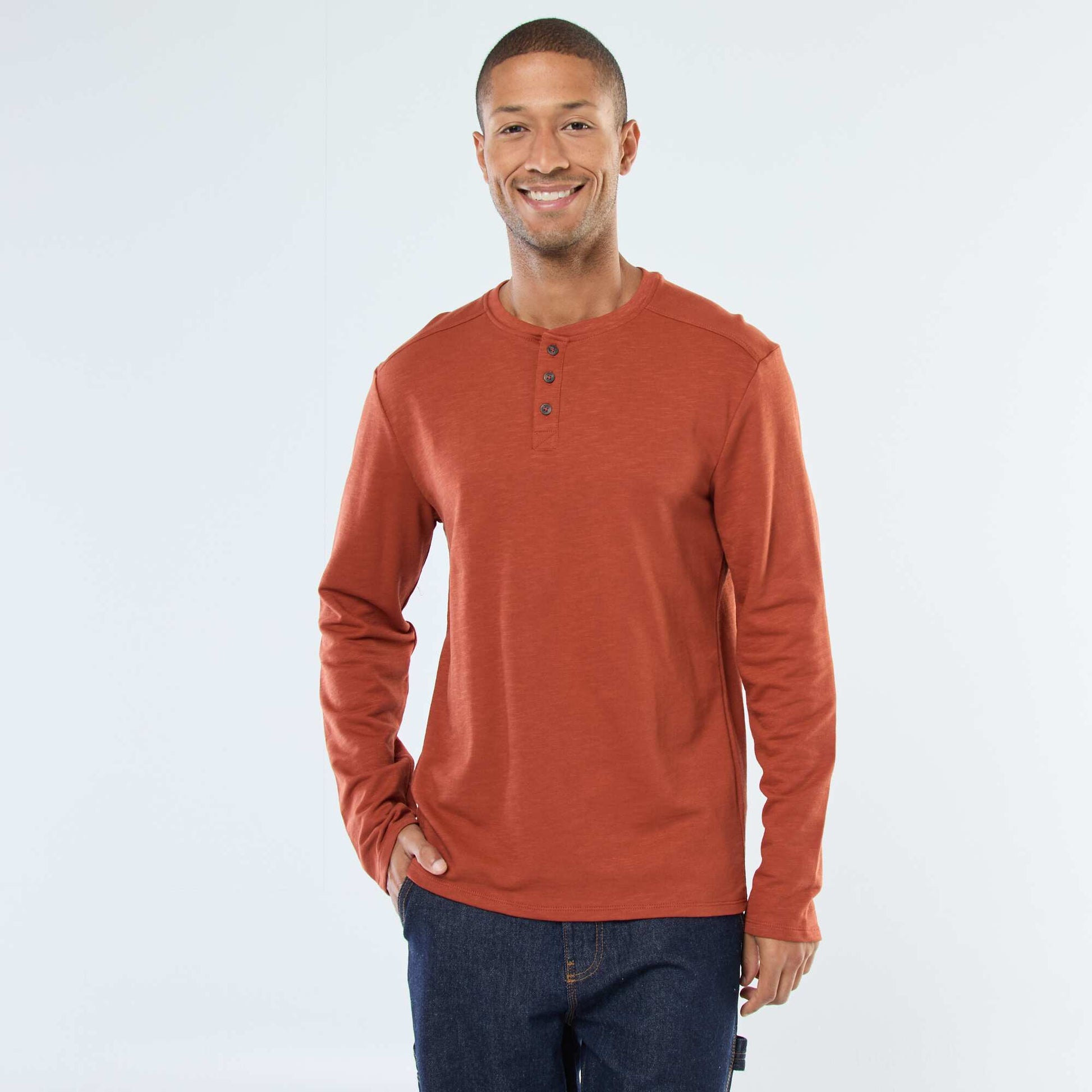 T-shirt à col tunisien manches longues MARRON