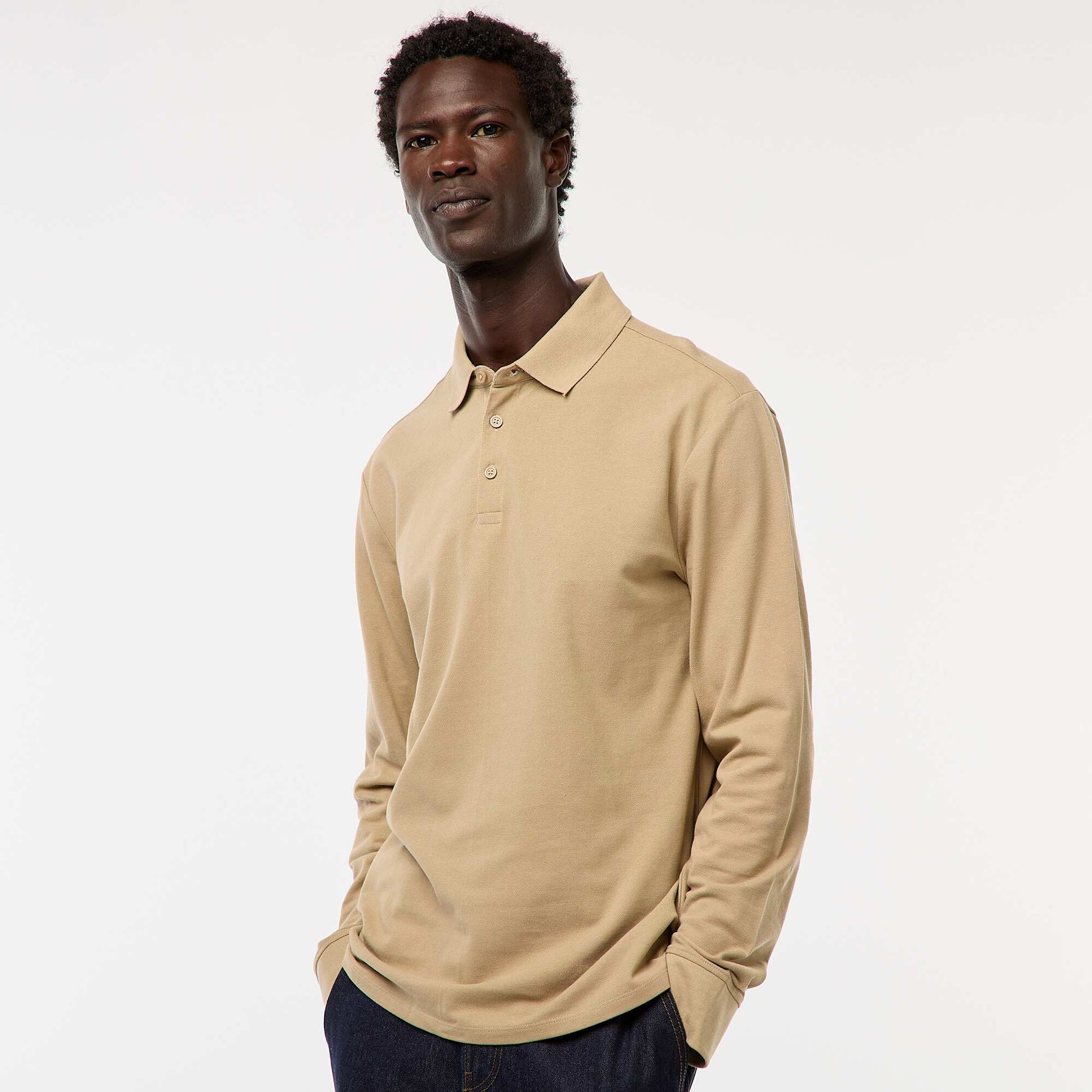 Polo en maille piquée à manches longues uni BEIGE