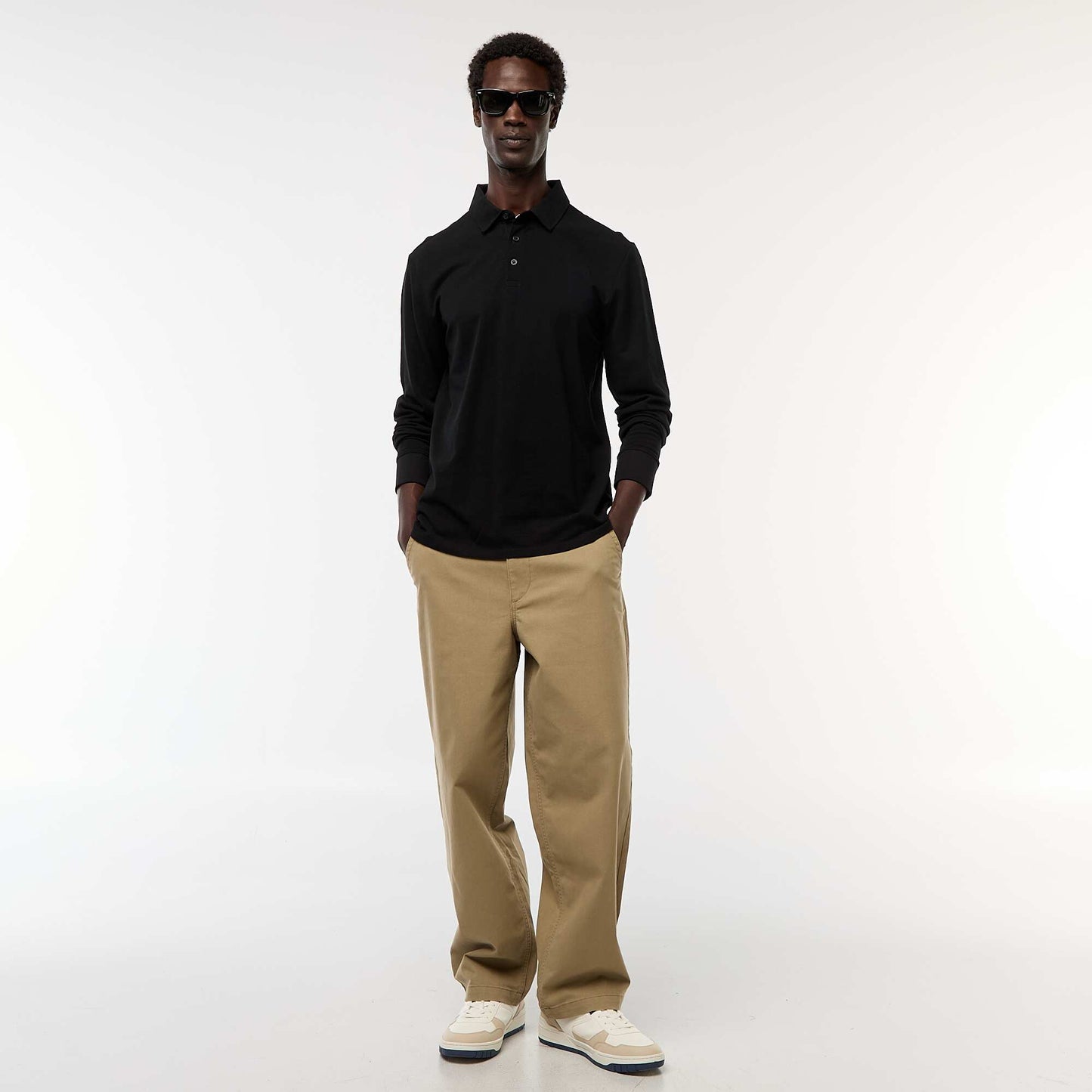 Polo en maille piquée à manches longues uni NOIR