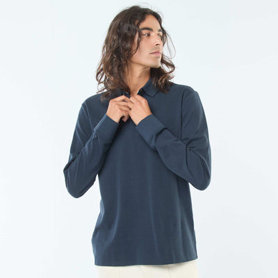 Polo en maille piquée à manches longues uni BLEU
