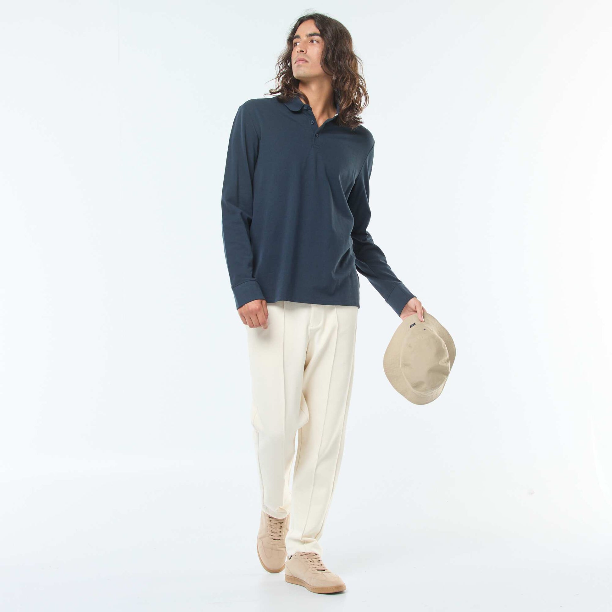 Polo en maille piquée à manches longues uni BLEU