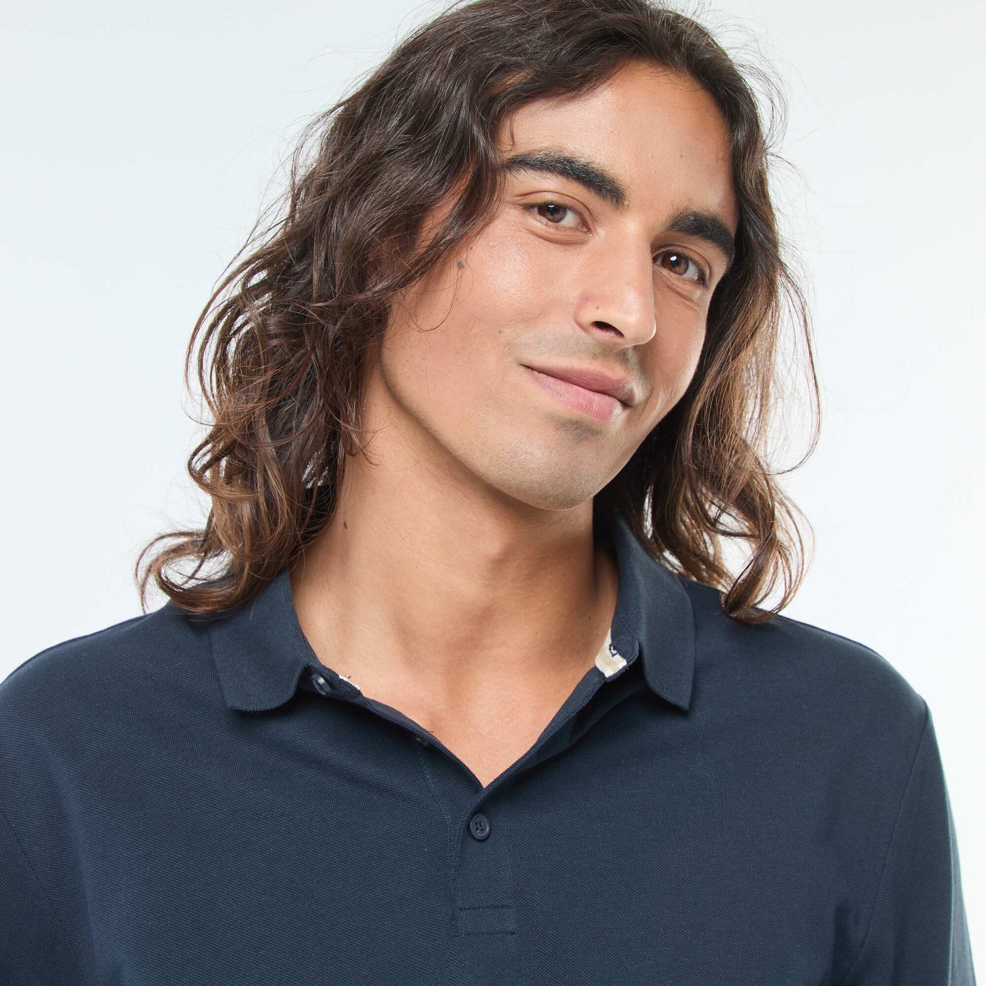 Polo en maille piquée à manches longues uni BLEU