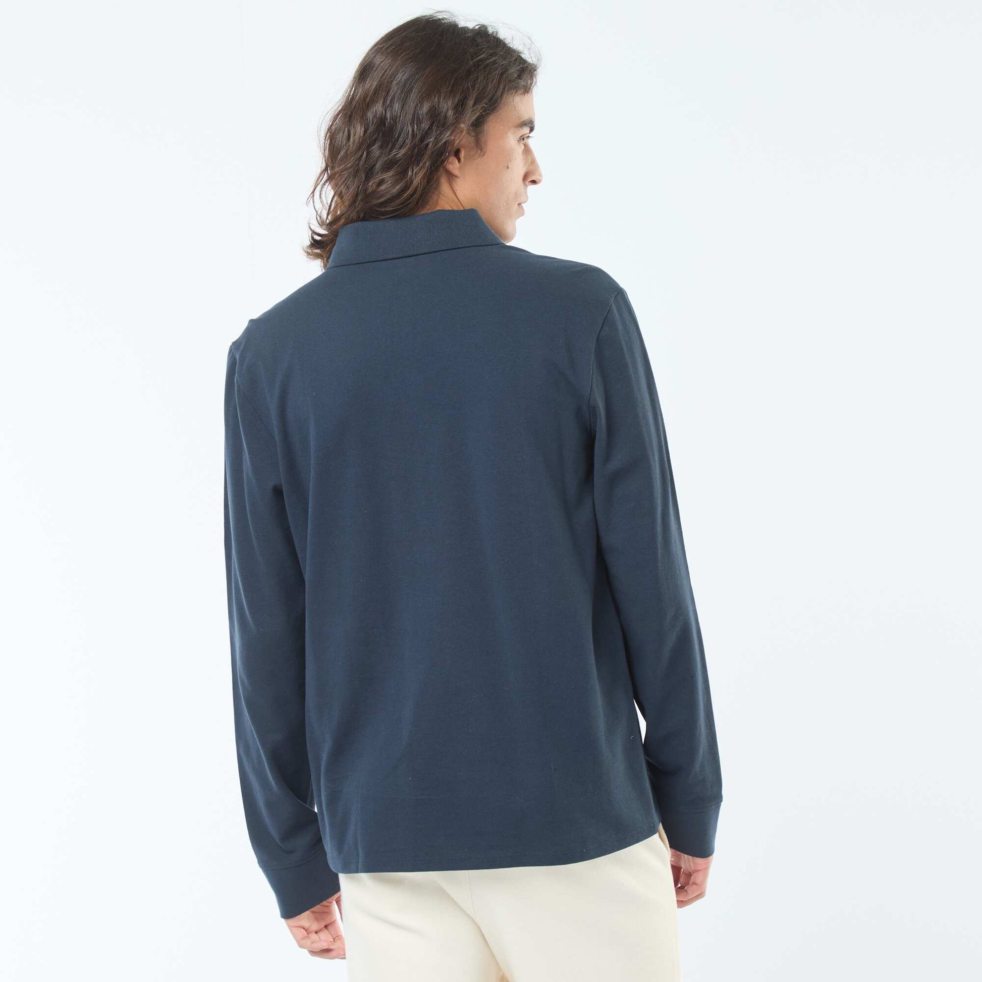 Polo en maille piquée à manches longues uni BLEU