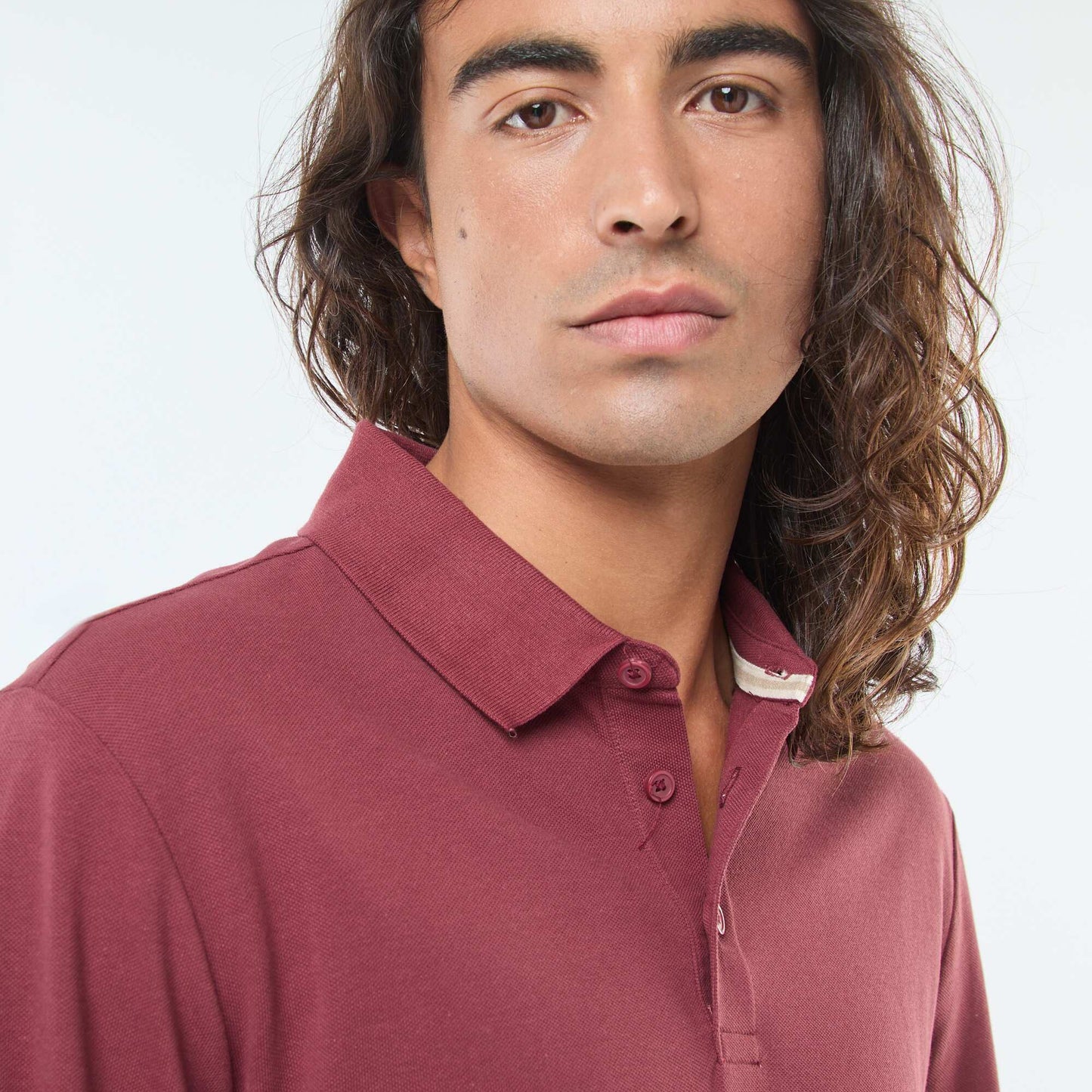 Polo en maille piquée à manches longues uni ROUGE