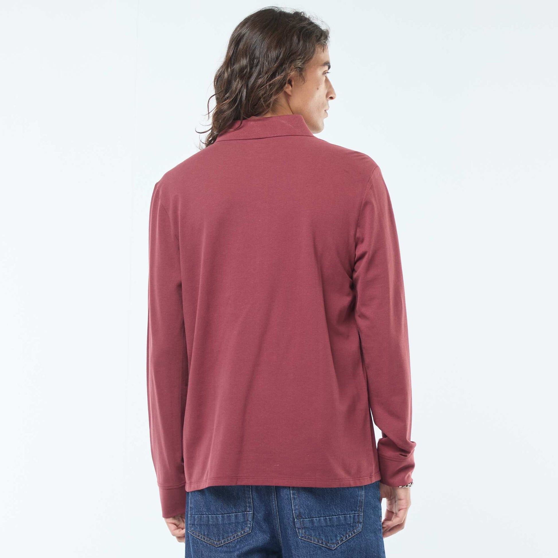 Polo en maille piquée à manches longues uni ROUGE