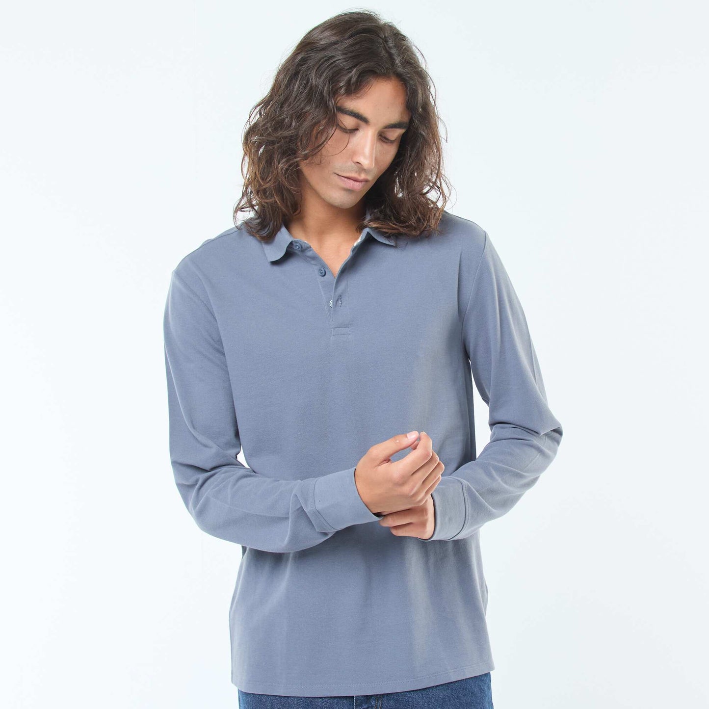 Polo en maille piquée à manches longues uni GRIS