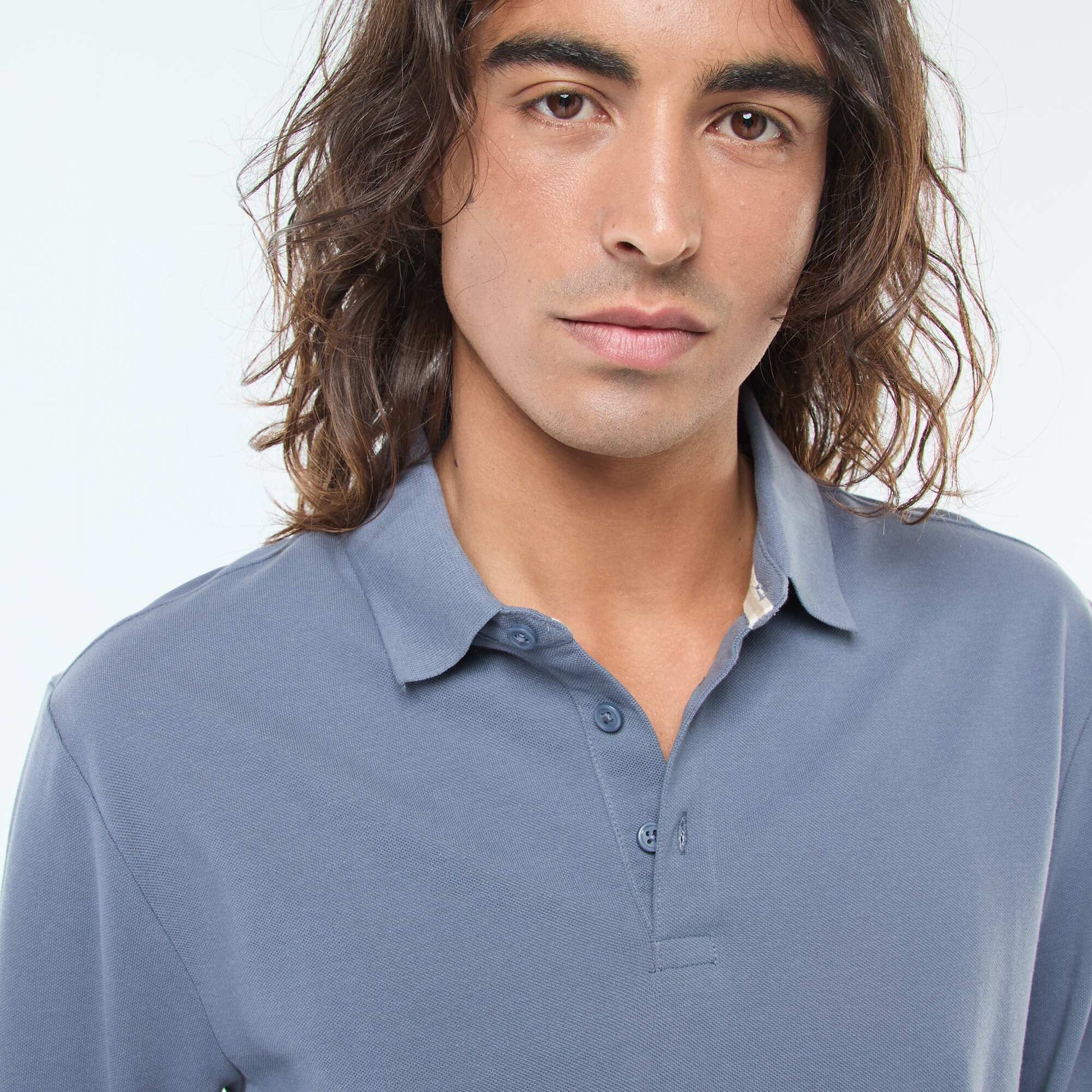 Polo en maille piquée à manches longues uni GRIS
