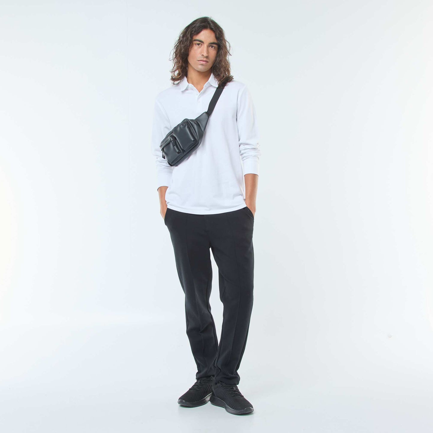 Polo en maille piquée à manches longues uni BLANC
