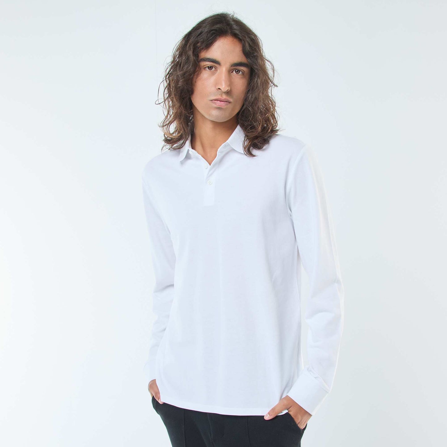 Polo en maille piquée à manches longues uni BLANC