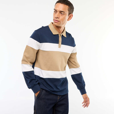 Polo manches longues style rugby esprit colorblock BLEU