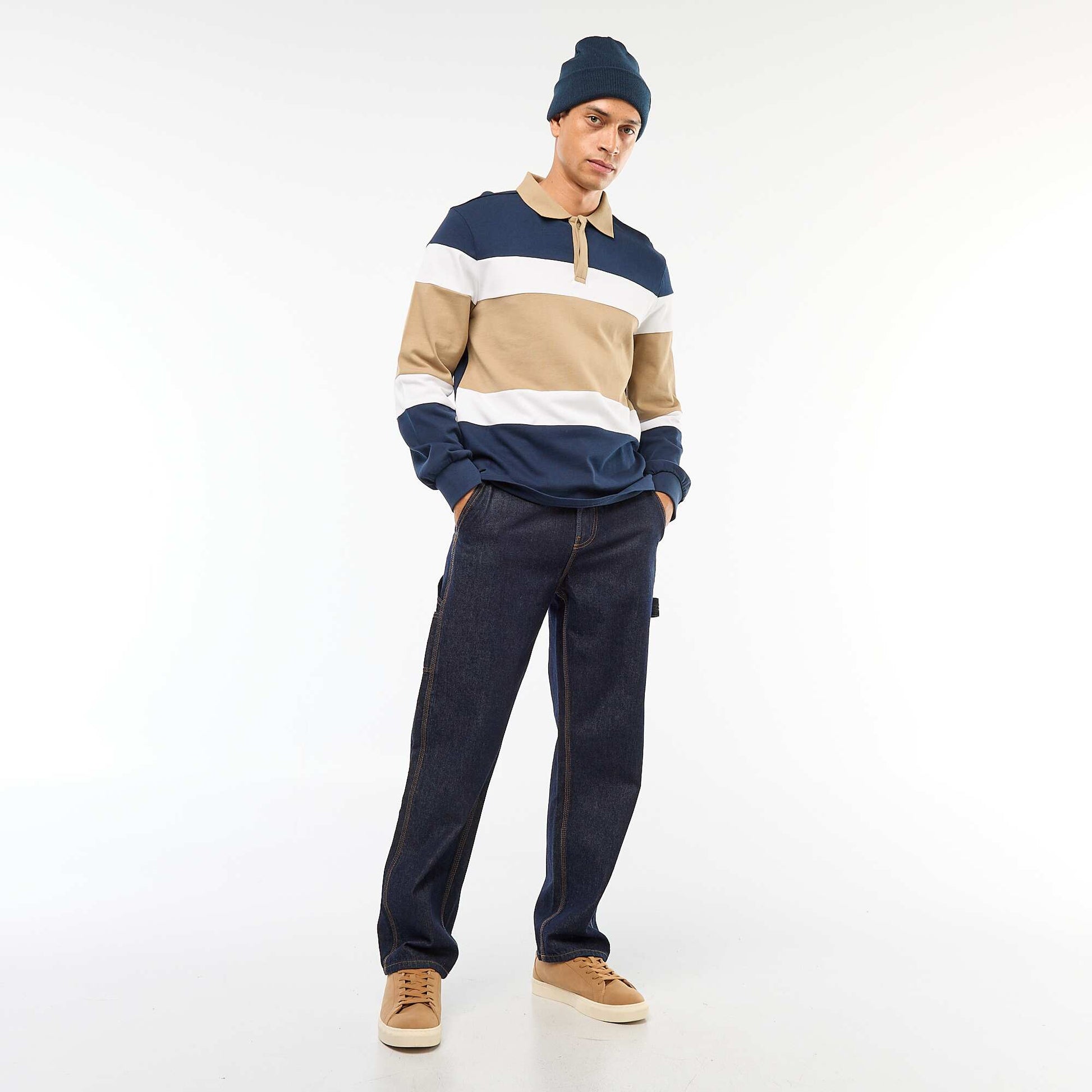 Polo manches longues style rugby esprit colorblock BLEU