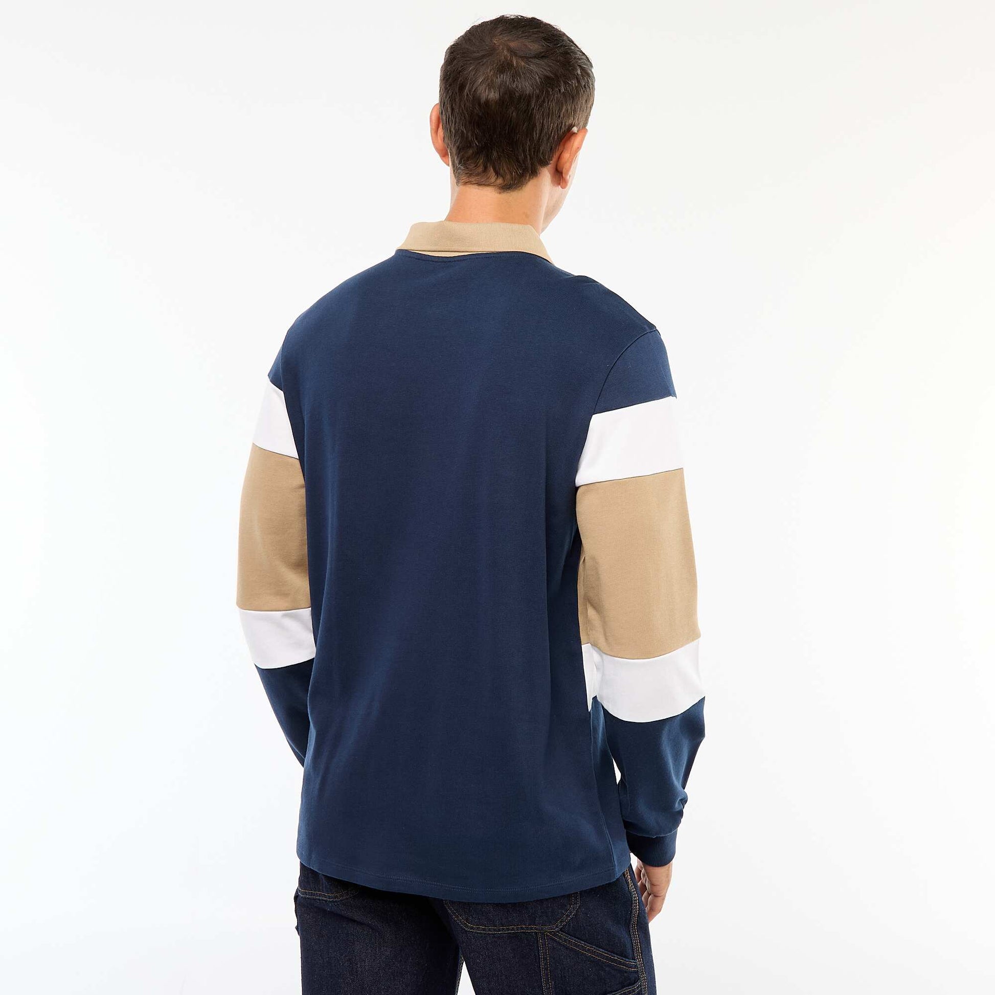 Polo manches longues style rugby esprit colorblock BLEU