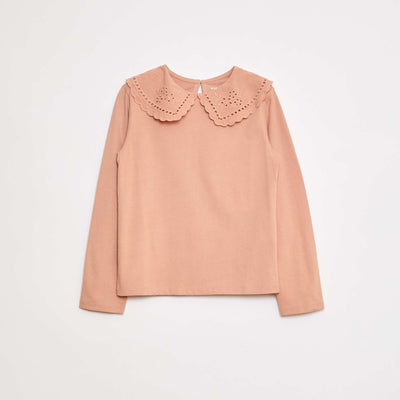 T-shirt en coton avec col brodé ROSE