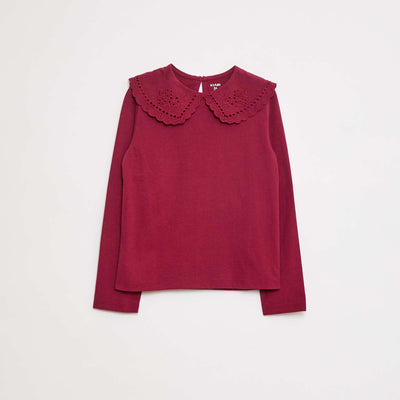 T-shirt en coton avec col brodé ROUGE