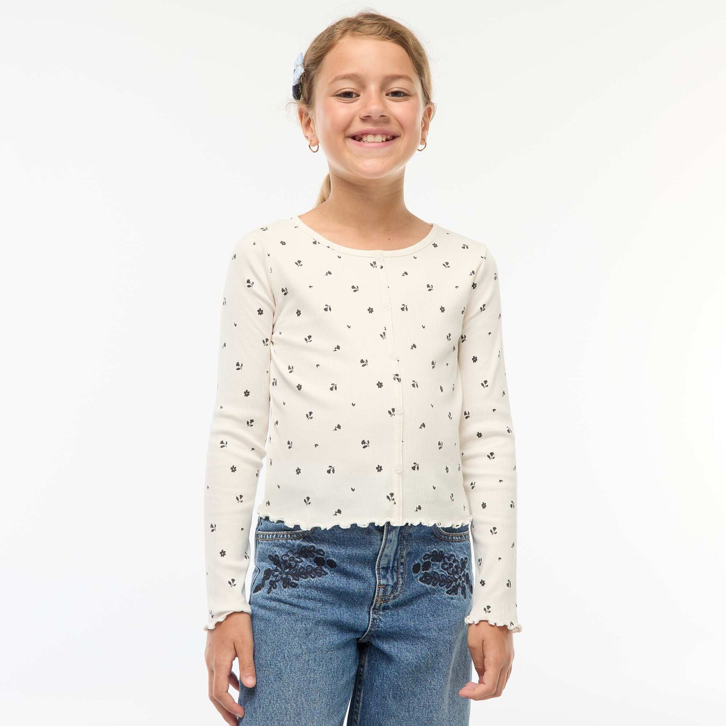 T-shirt côtelé à fleurs BLANC