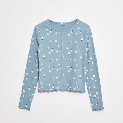 T-shirt côtelé à fleurs BLEU CLAIR