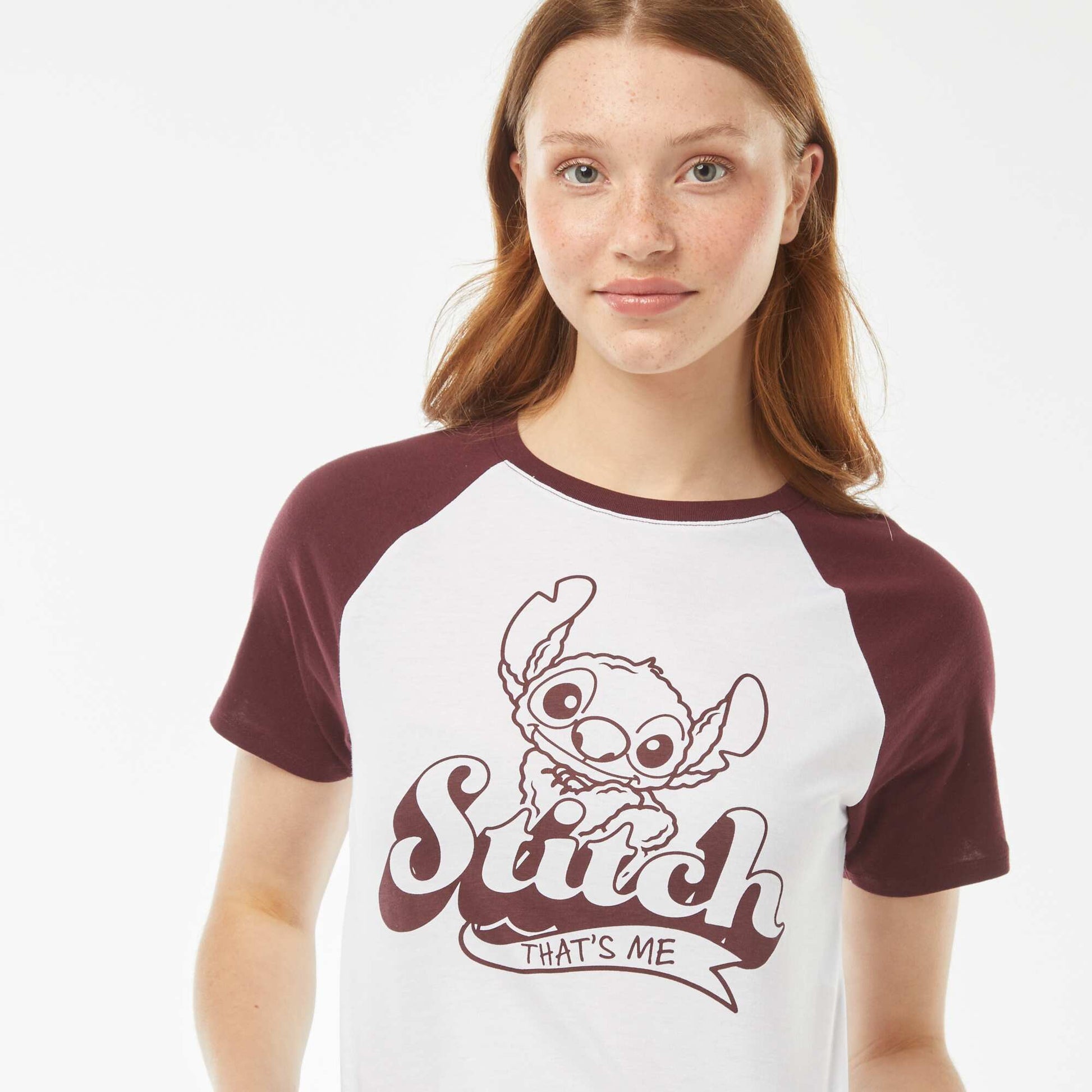 Tee-shirt manches raglan 'Stitch' BLANC/BORDEAUX