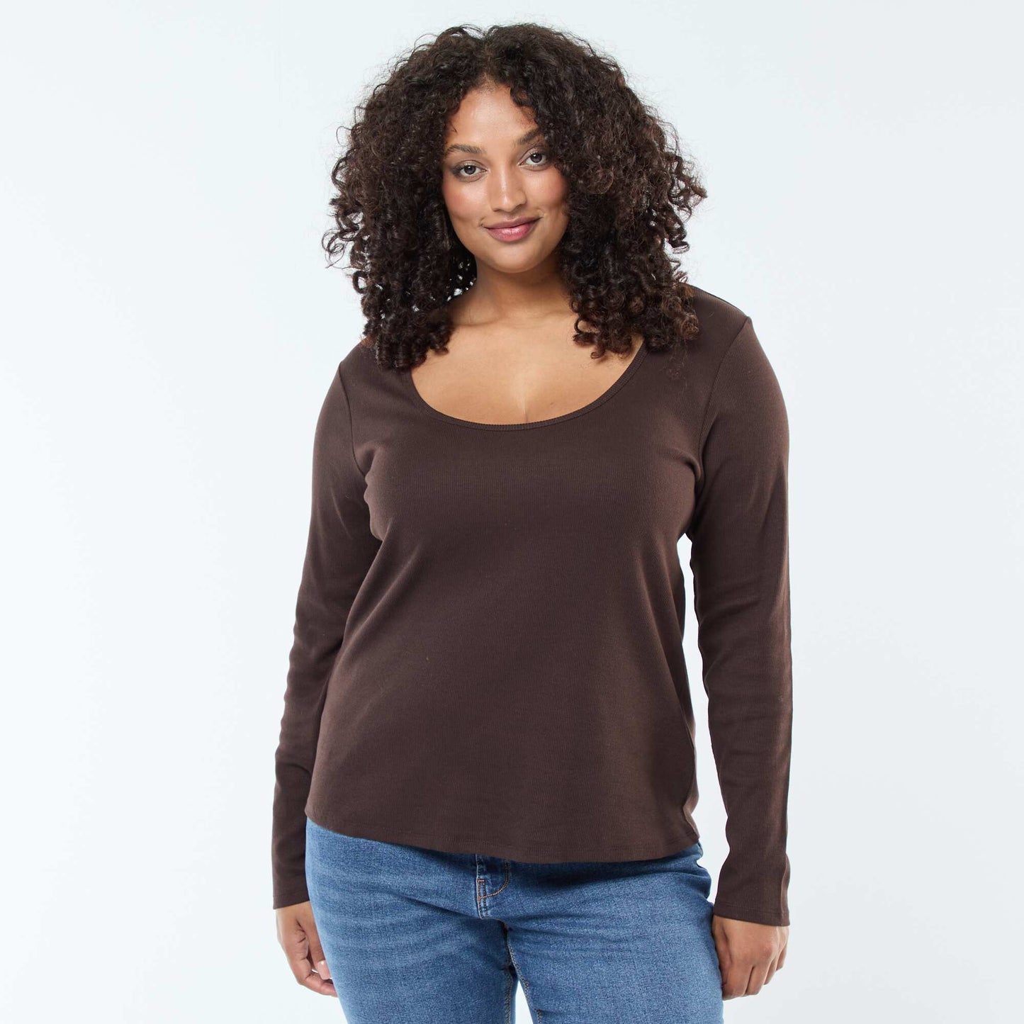 Tee-shirt manches longues en rib côtelé MARRON