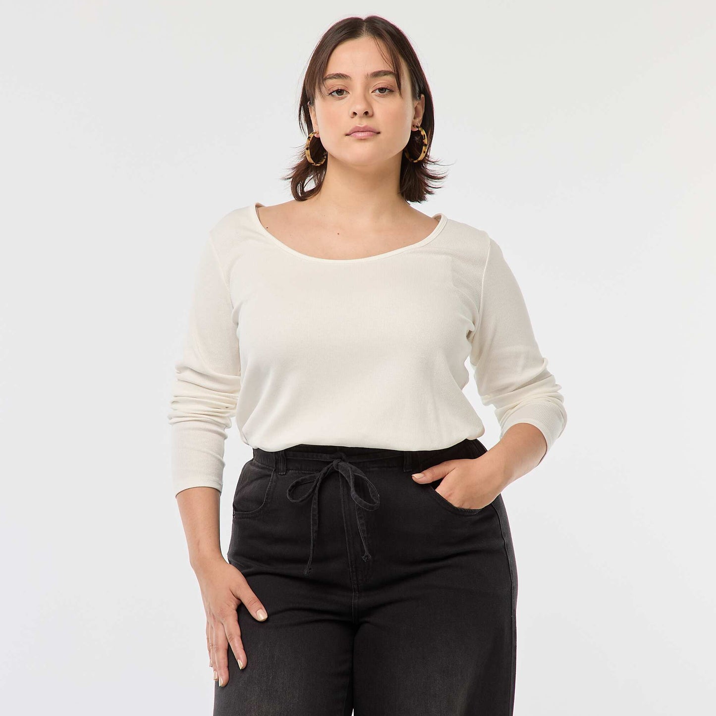 Tee-shirt manches longues en rib côtelé BLANC