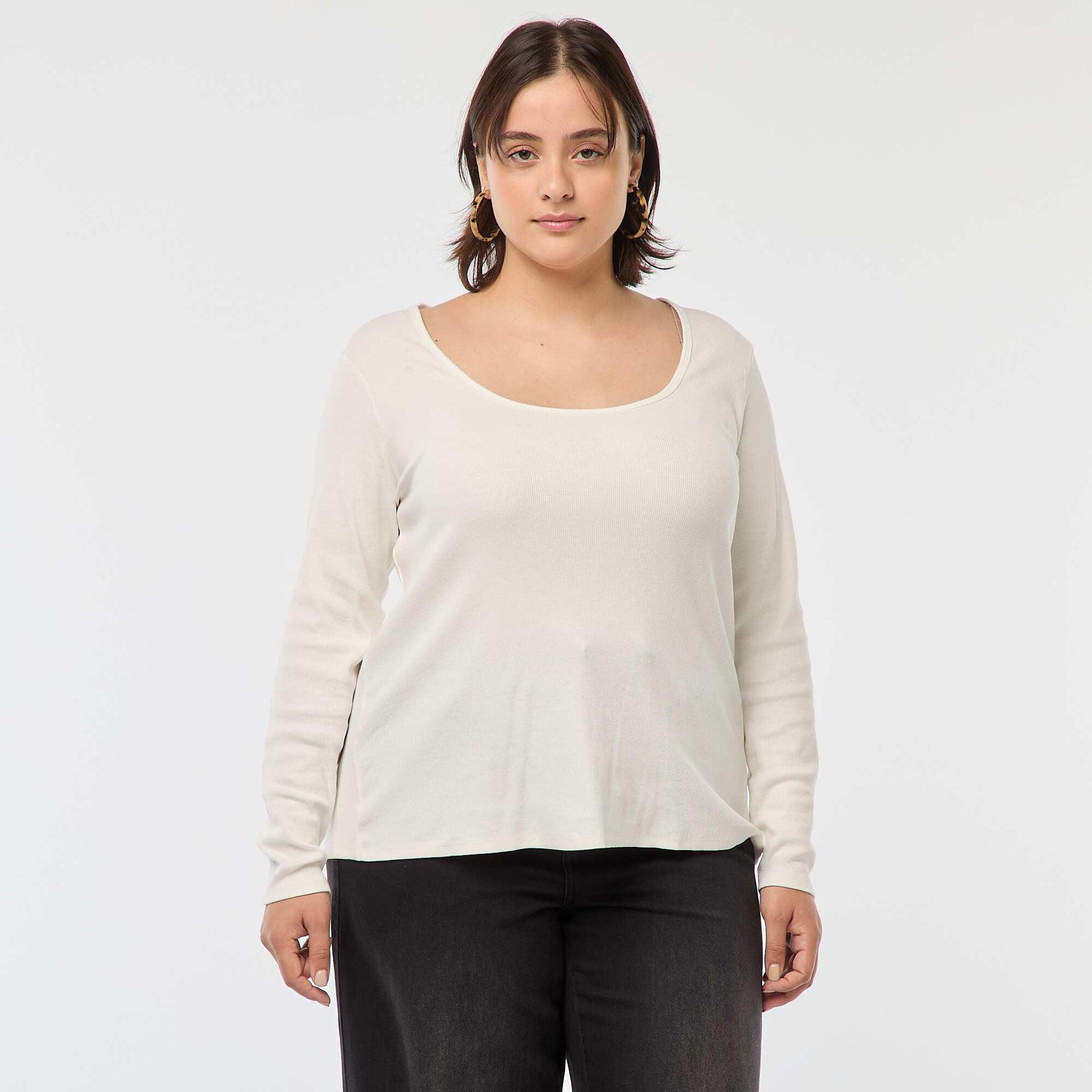 Tee-shirt manches longues en rib côtelé BLANC