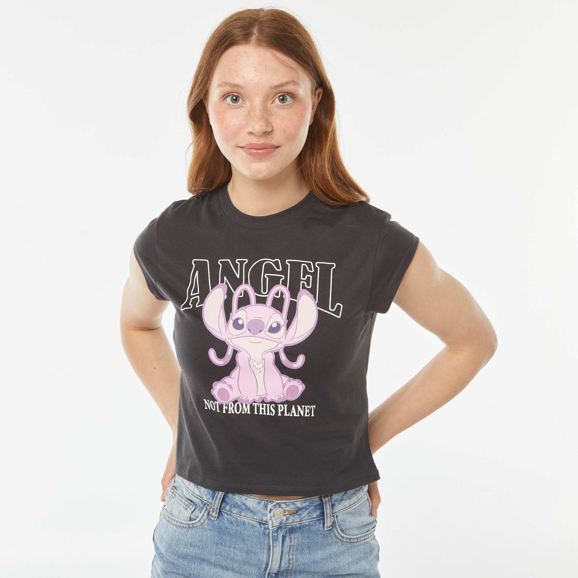 Tee-shirt cropped imprimé 'Angel' NOIR