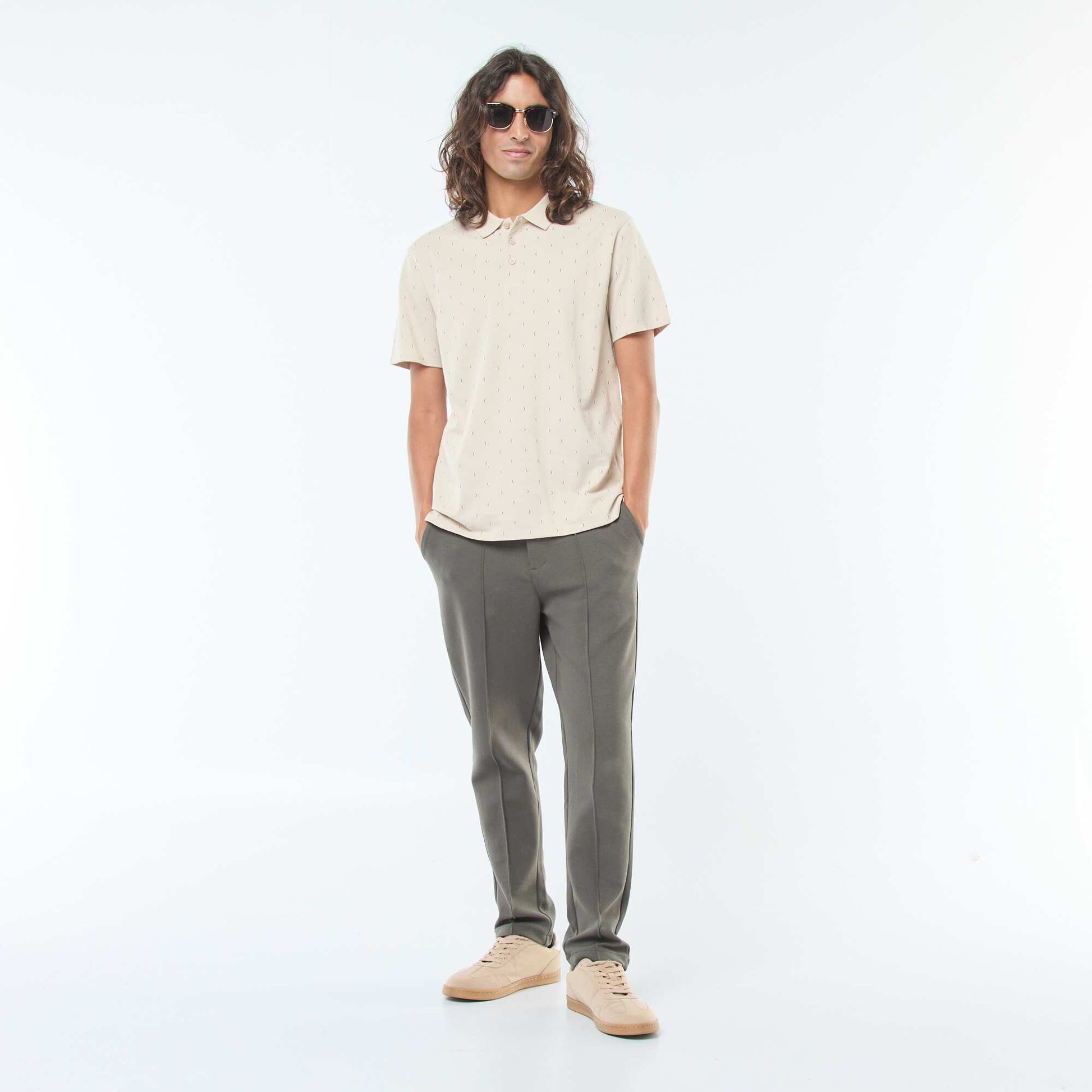 Polo en maille piquée à manches courtes et motif BEIGE