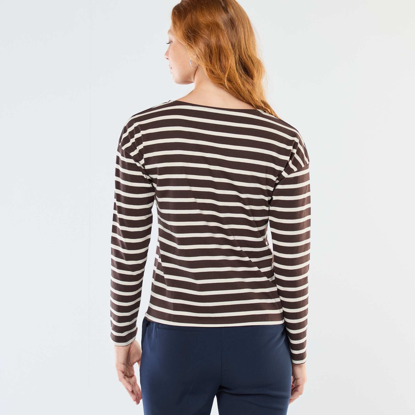 T-shirt en jersey à manches longues à motif rayé MARRON