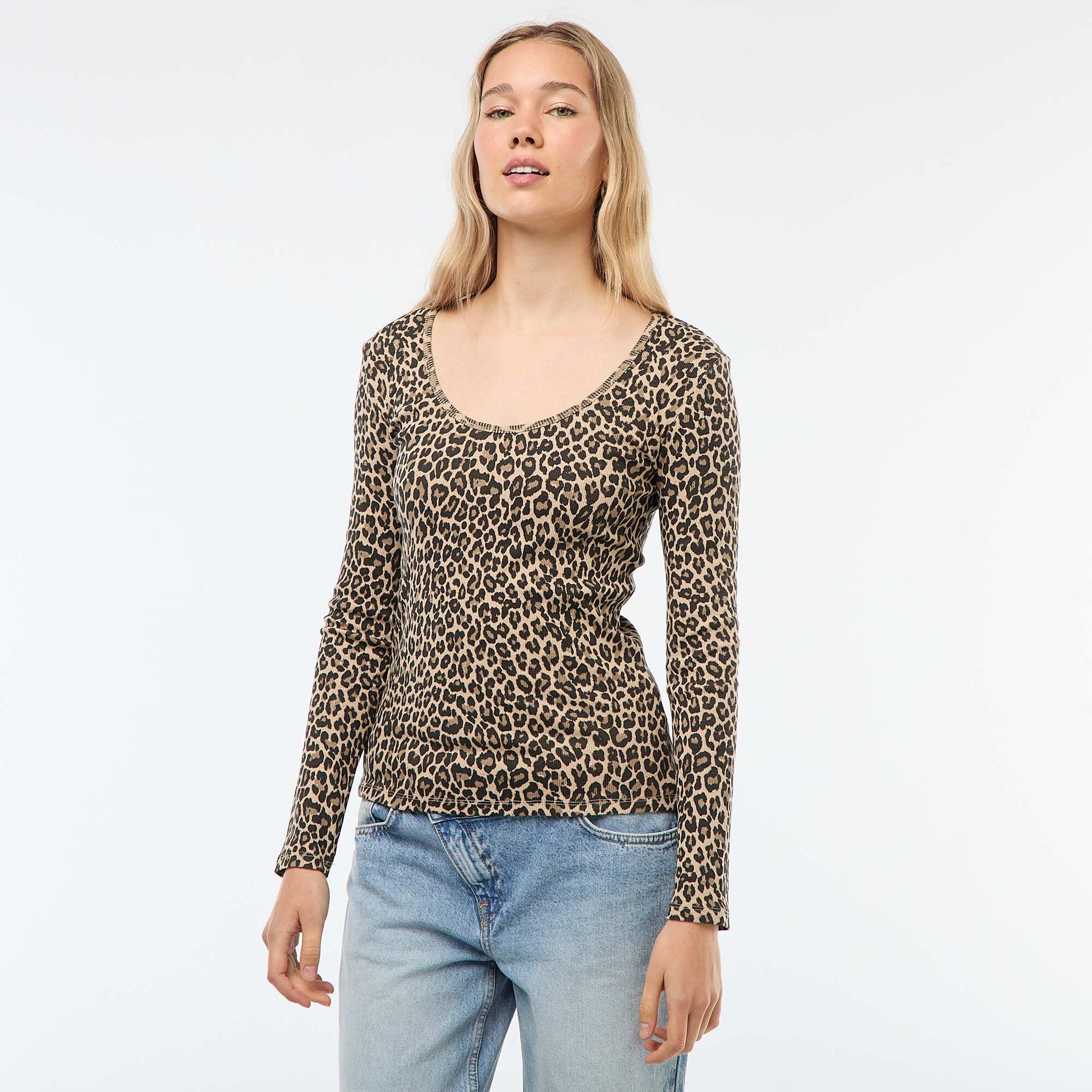 T-shirt côtelé à manches longues BEIGE