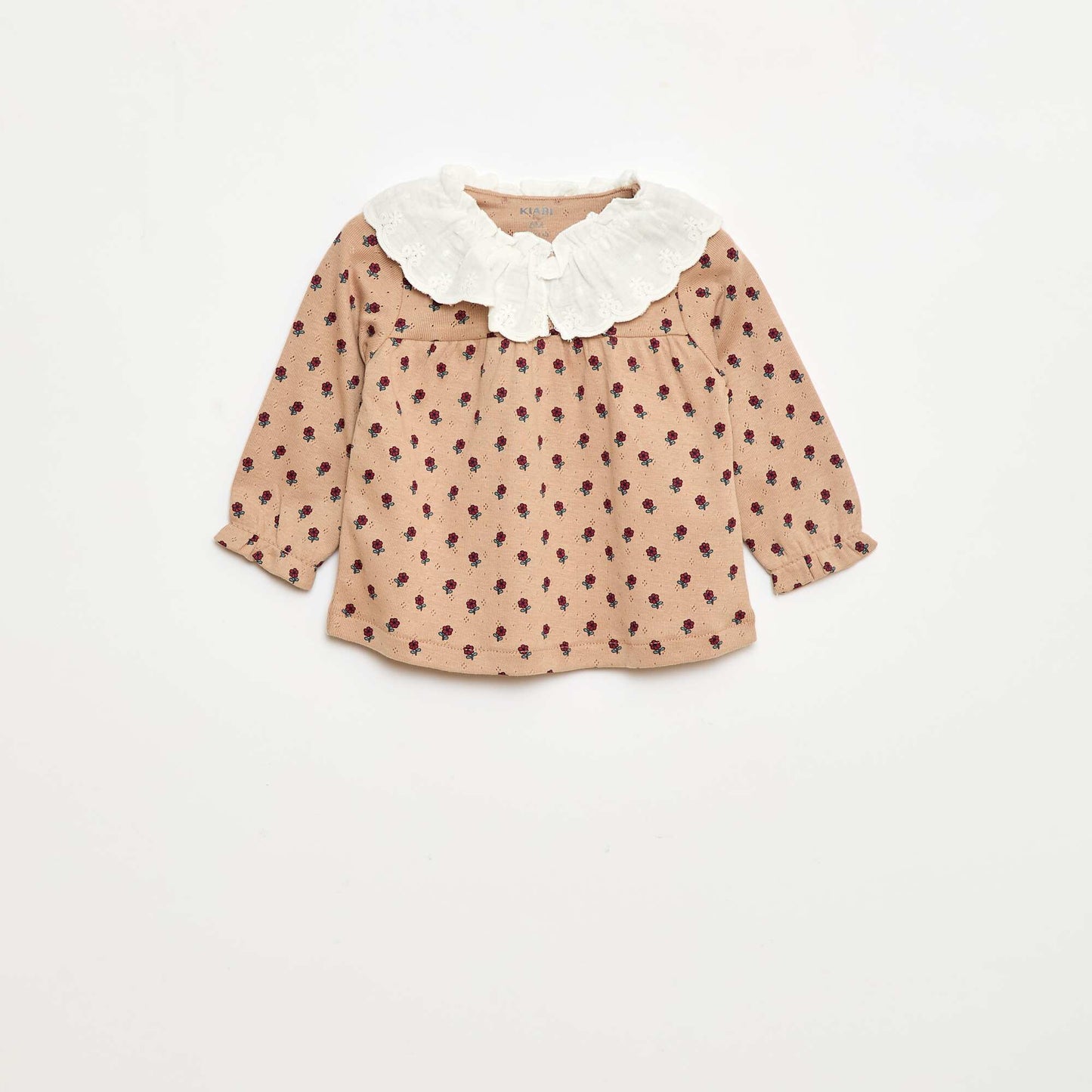 T-shirt en maille pointelle avec col brodé BEIGE