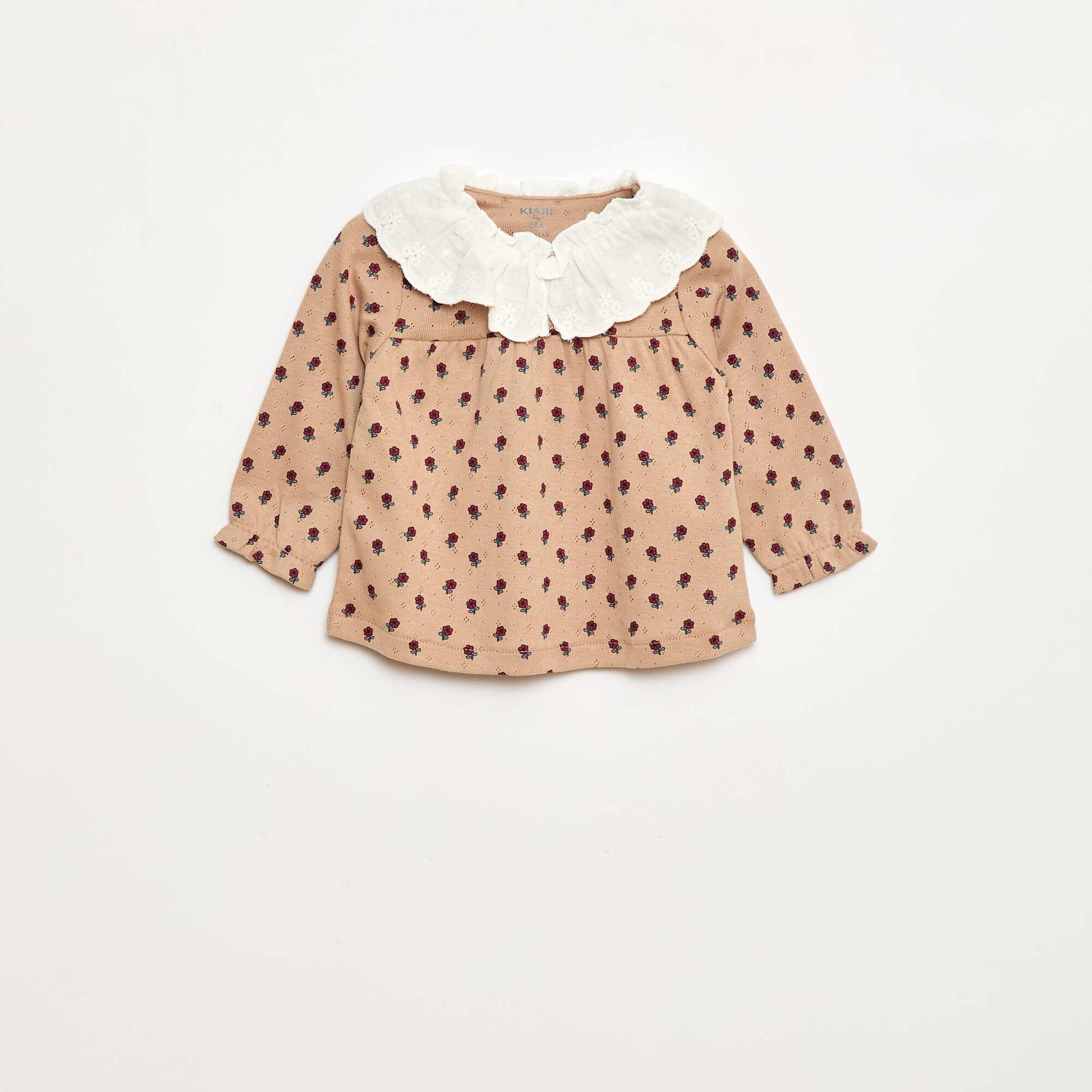 T-shirt en maille pointelle avec col brodé BEIGE