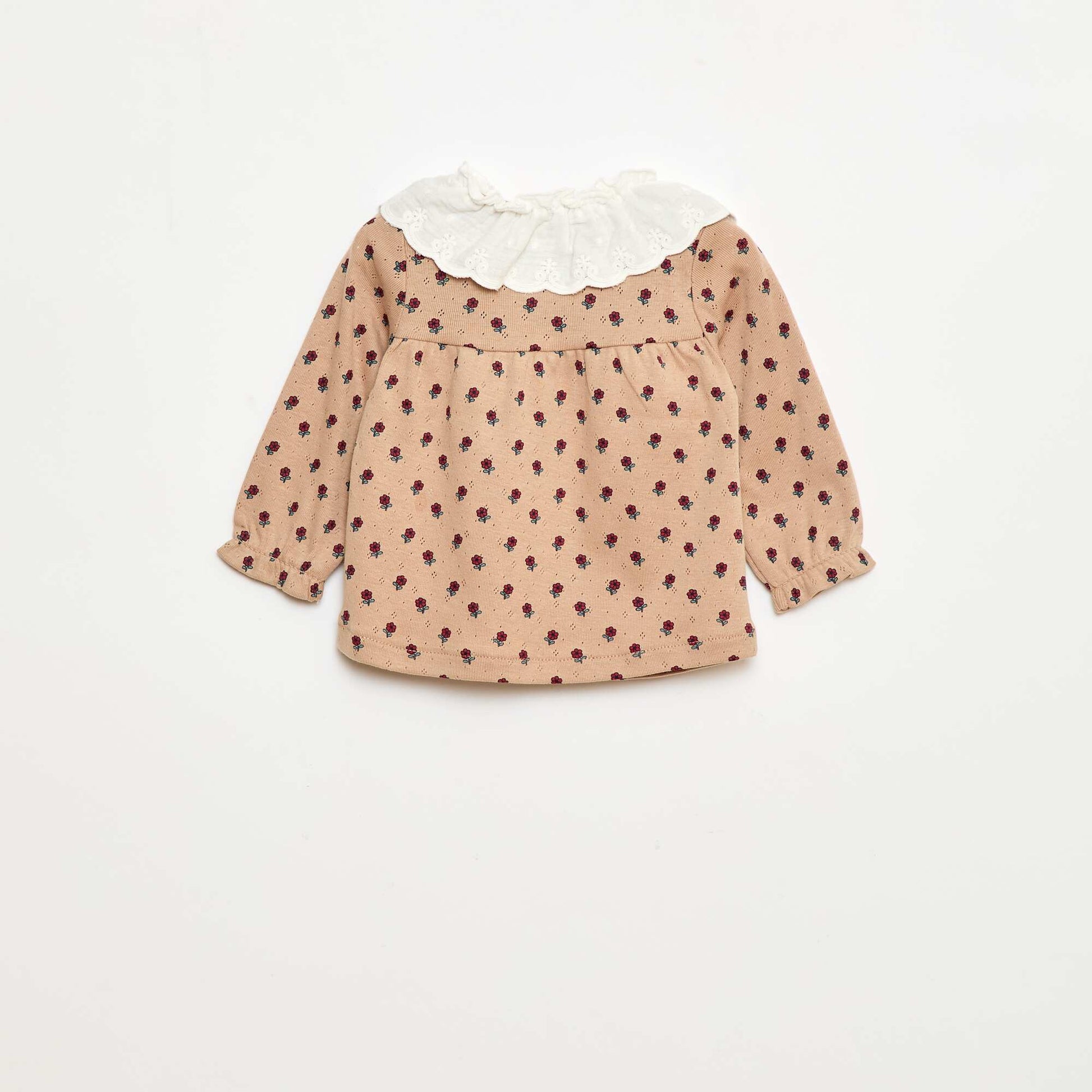 T-shirt en maille pointelle avec col brodé BEIGE
