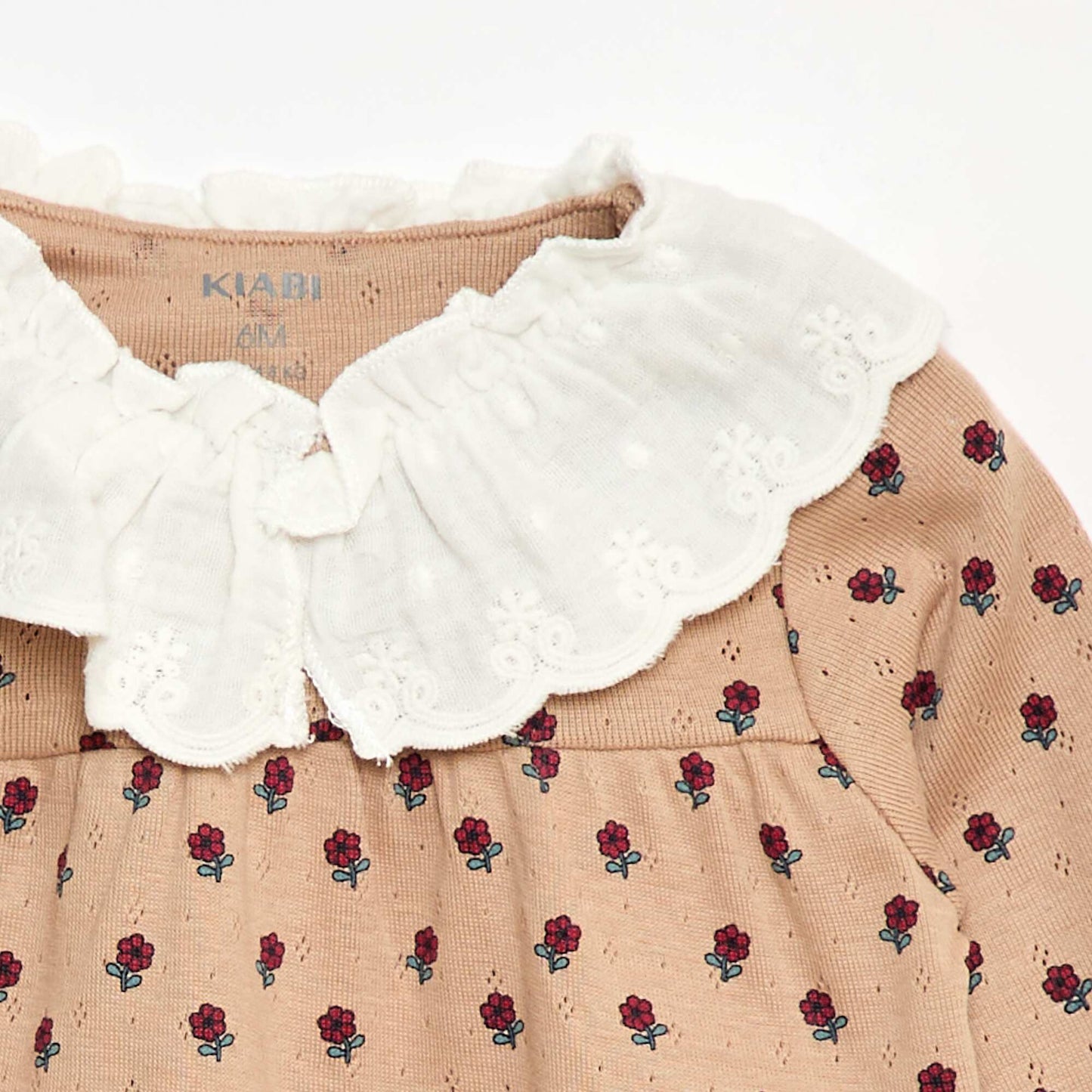 T-shirt en maille pointelle avec col brodé BEIGE