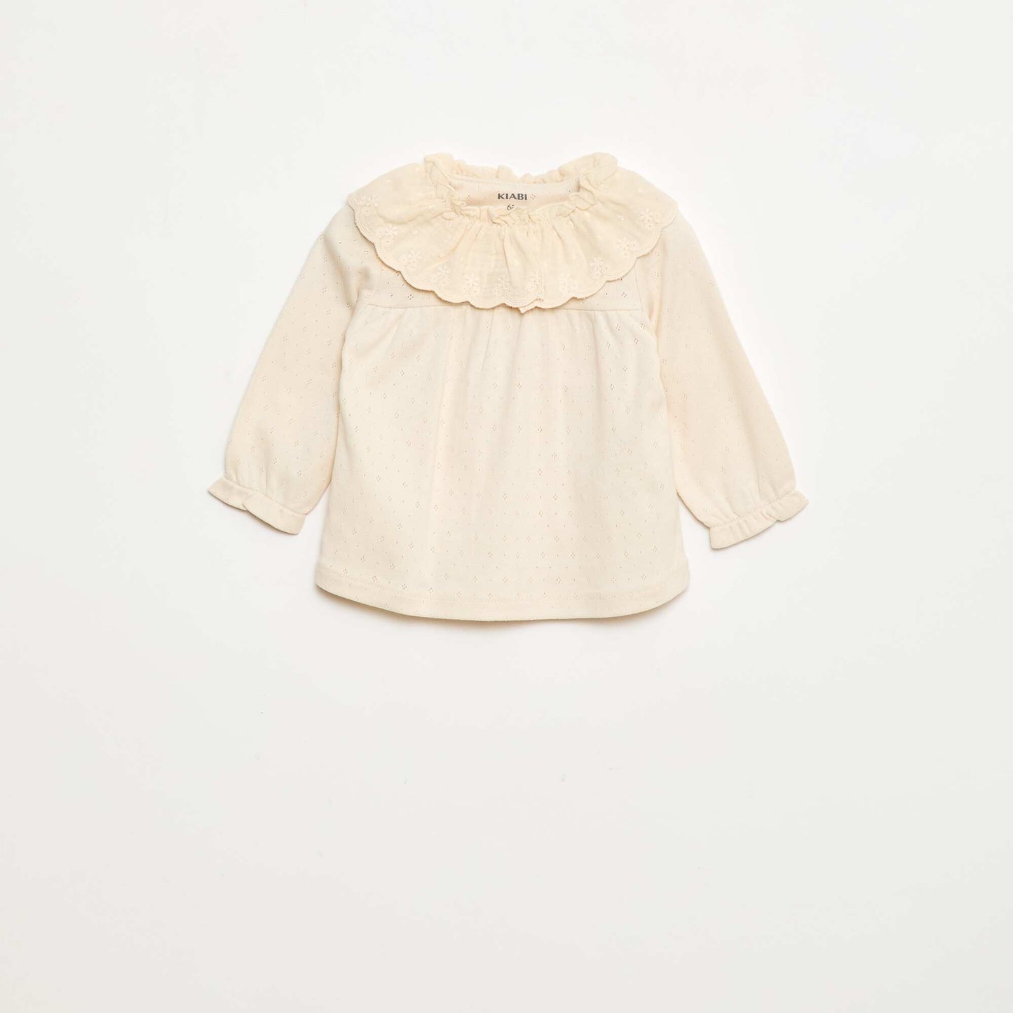 T-shirt en maille pointelle avec col brodé BLANC