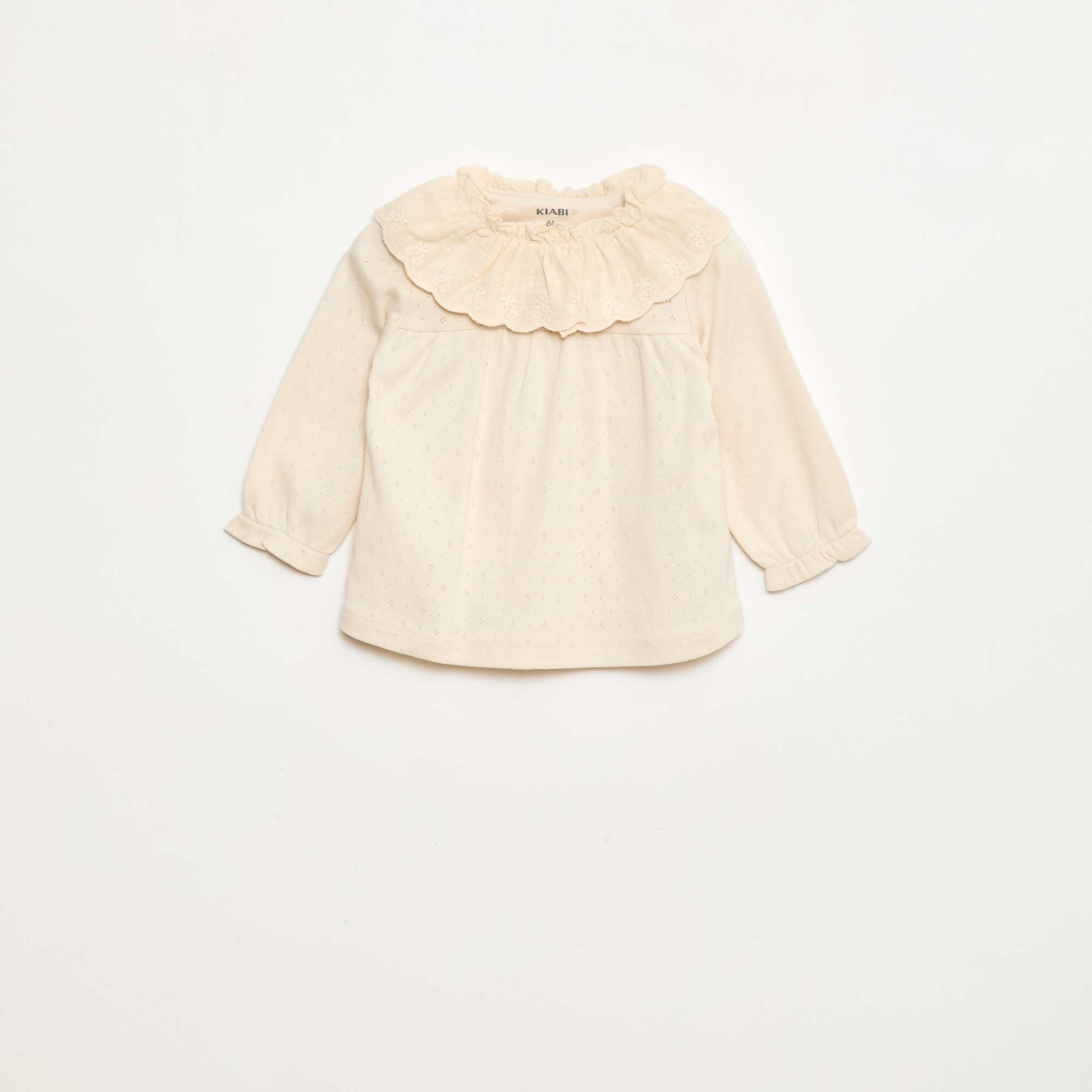 T-shirt en maille pointelle avec col brodé BLANC
