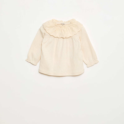 T-shirt en maille pointelle avec col brodé BLANC